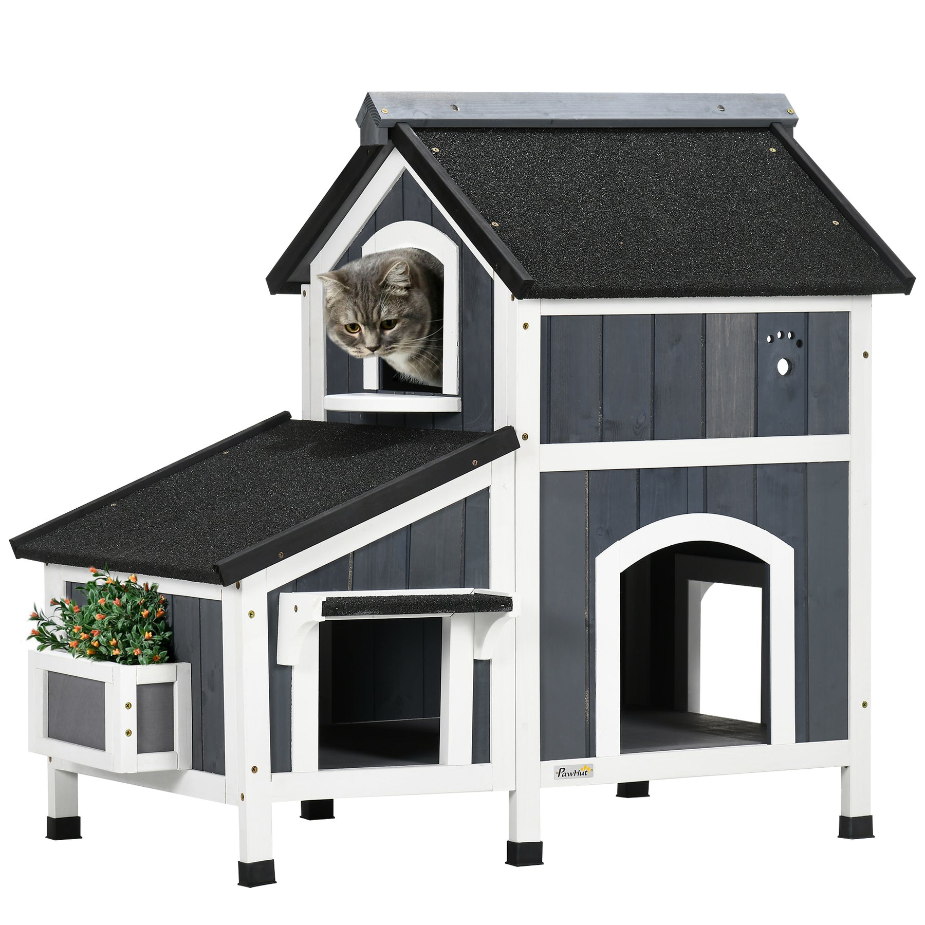  Wooden Cat House Outdoor with Flower Pot, 2 Tiers Cat Shelter  with  Window, Multiple  Entrances, Water-resistant  Roof, Grey