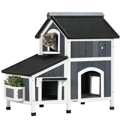 Wooden Cat House Outdoor With Flower Pot 2 Tiers Shelter Aosom UK Default Title