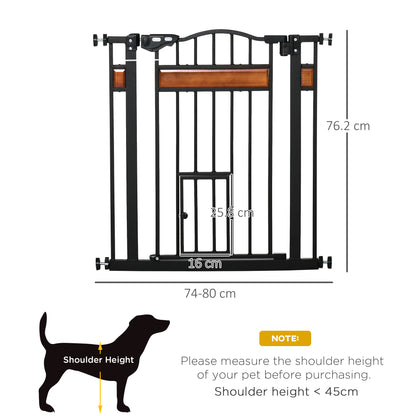 PawHut Pet Gate Safety Gate, with Cat Flap, Auto Close, for Staircases, Doorways, Hallways, 74-80cm Wide - Black PawHut