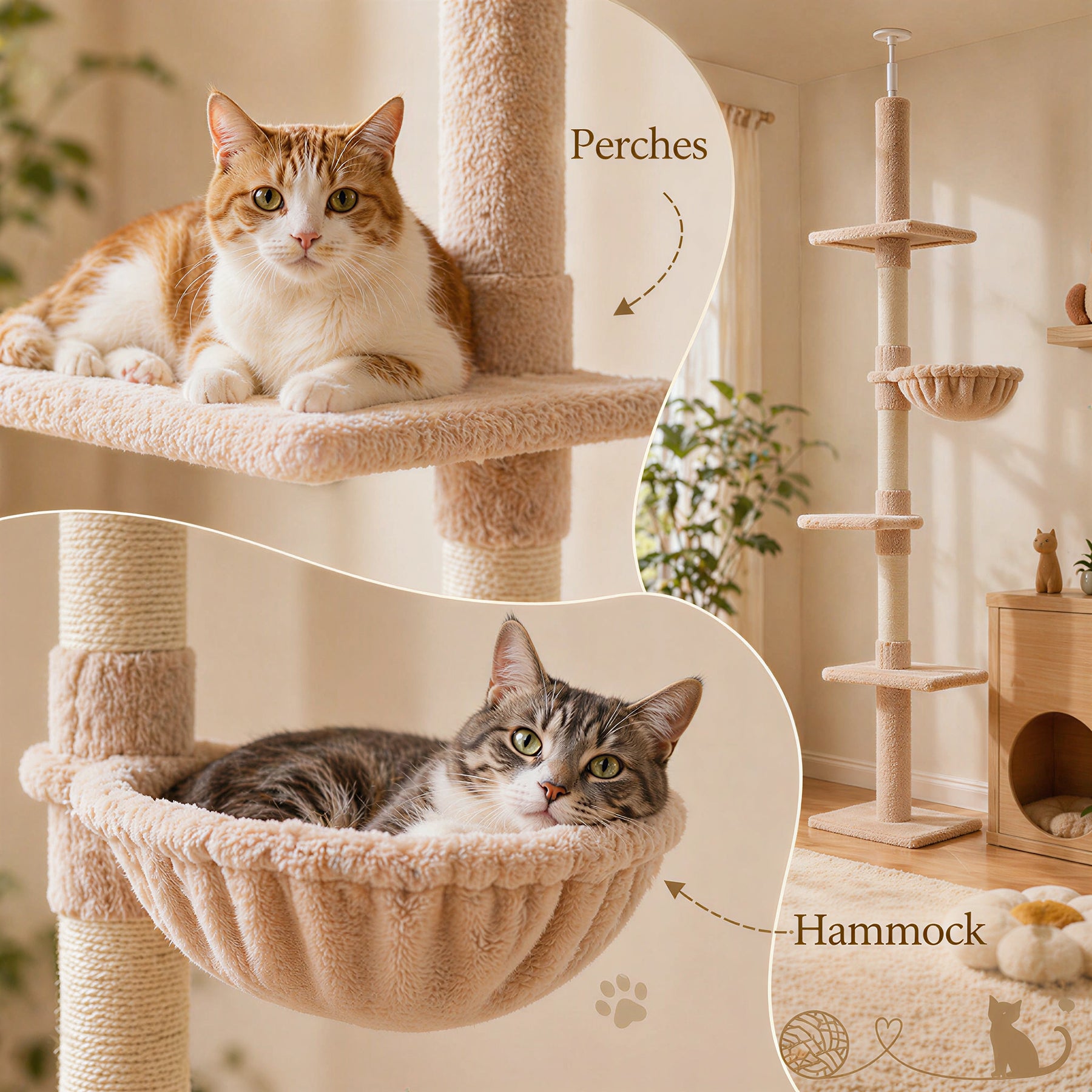 Floor to Ceiling Cat Tree 5-Tier Kitty Tower Activity Center Scratching Post
