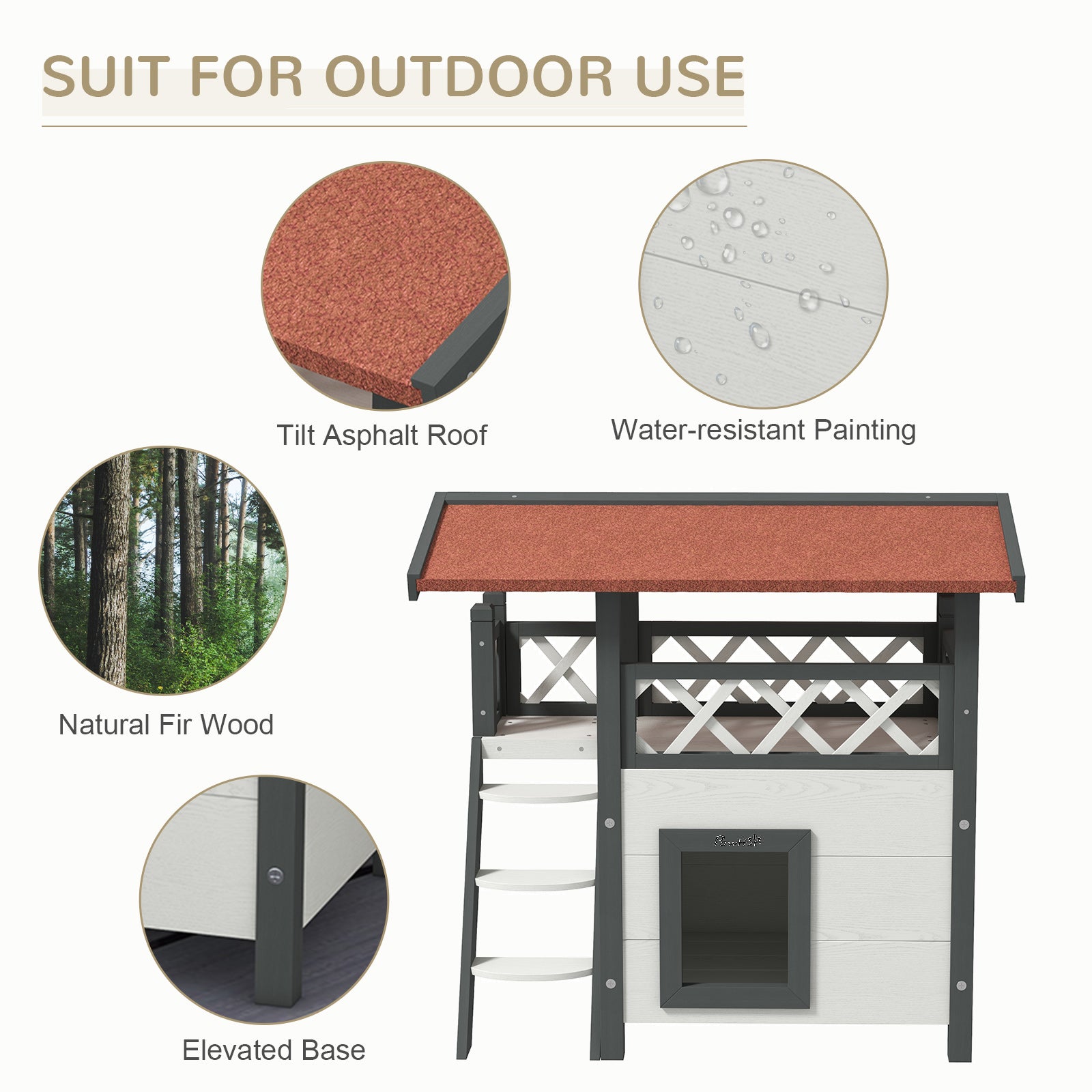 Cat House Outdoor w/ Balcony Stairs Roof, White