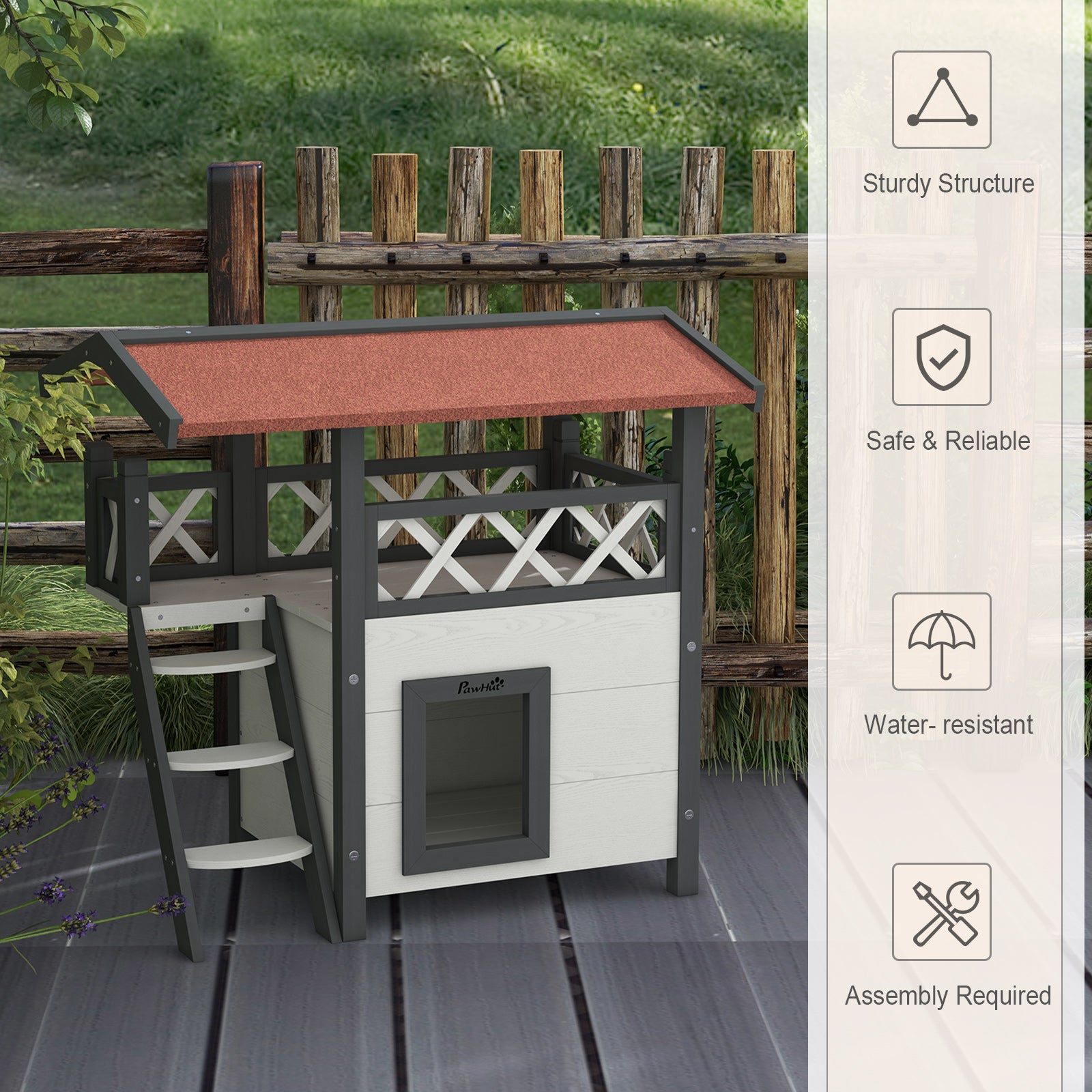 Cat House Outdoor w/ Balcony Stairs Roof, White