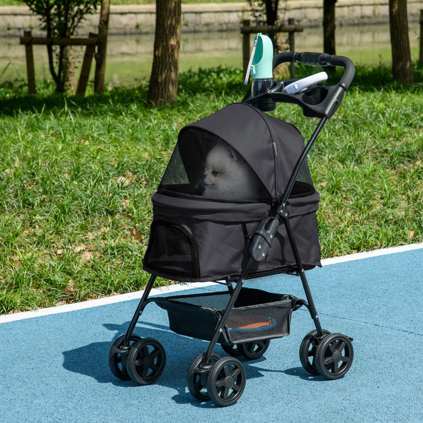Pet Stroller, Foldable Cat Dog Pushchair, Pet Travel Carriage with 4 Wheels, Adjustable Canopy, for Small Dogs, Black