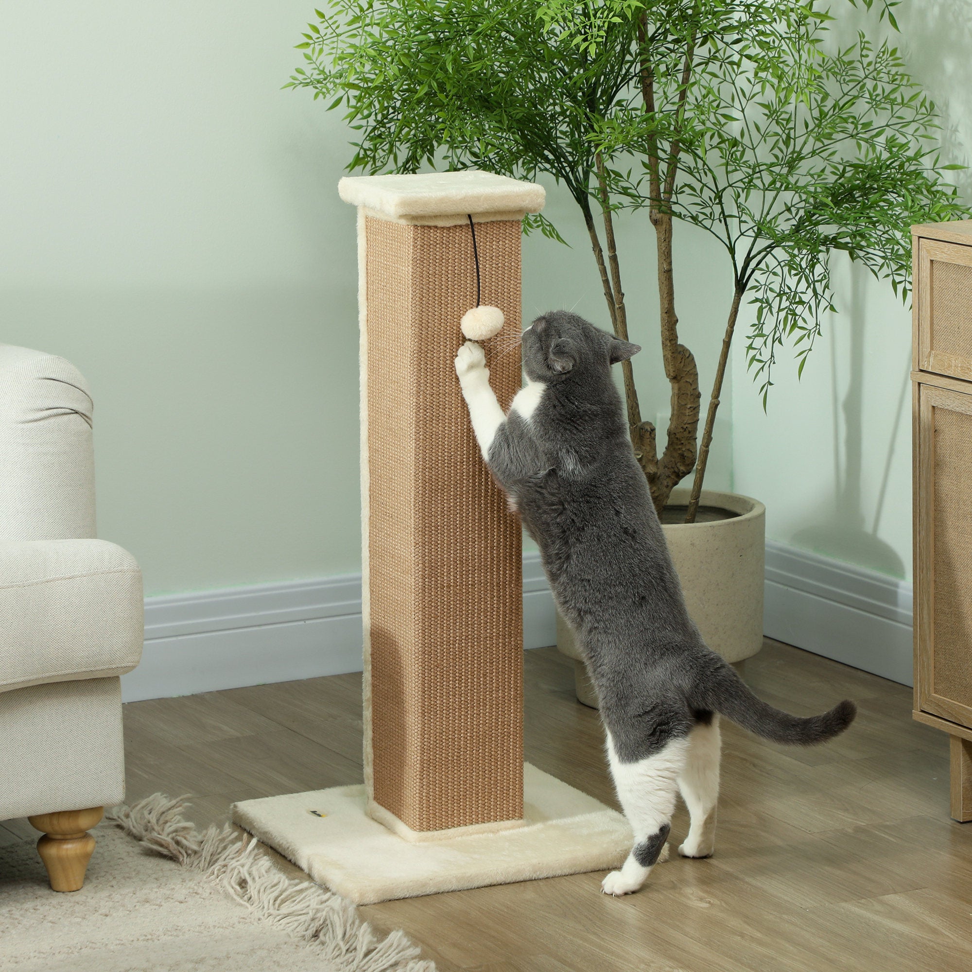 Cat Scratcher, Vertical Full Scratcher w/ Natural Jute Rope, Hanging Ball, Soft Plush - Beige