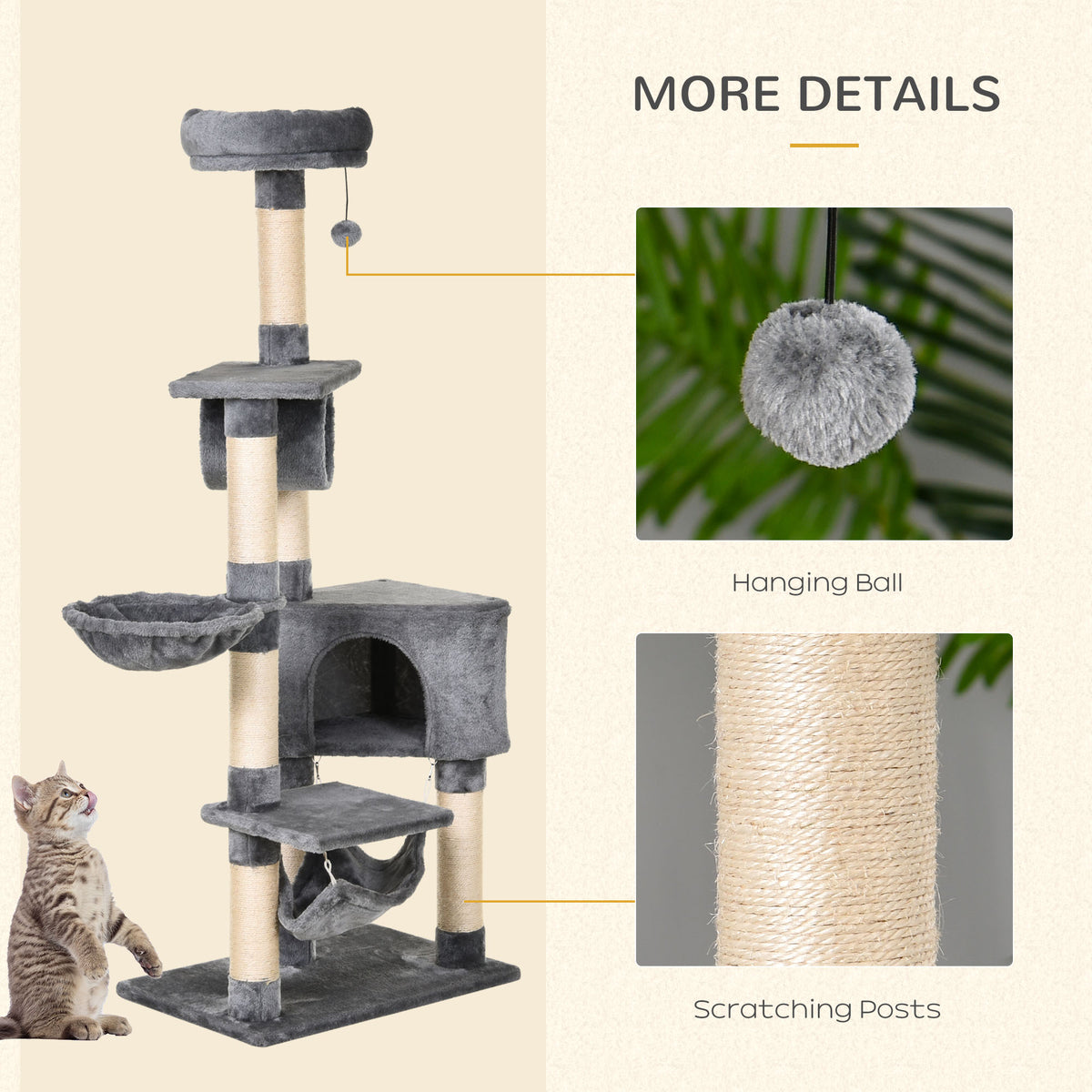 PawHut 150cm Cat Tree with Condo, Scratching Posts & Toys Cat Trees & Towers PawHut