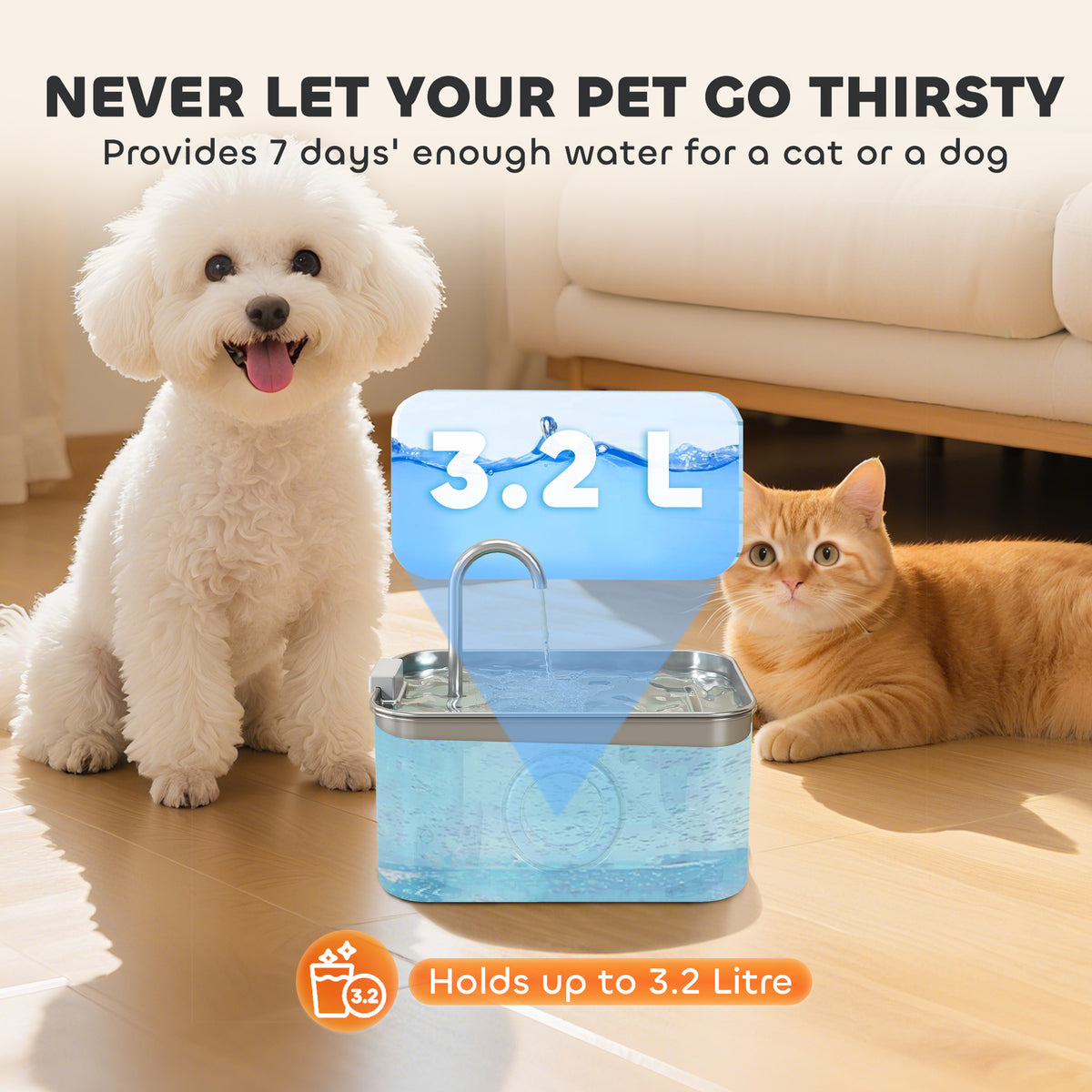 PawHut 3.2L Cat Water Fountain for Drinking, Cat Fountain Stainless Steel with Visible Water-Level Window, Ultra-Silent Pump PawHut