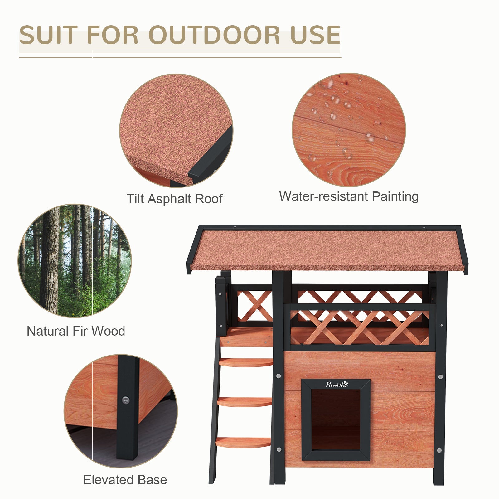 Cat House Outdoor w/ Balcony Stairs Roof, Brown