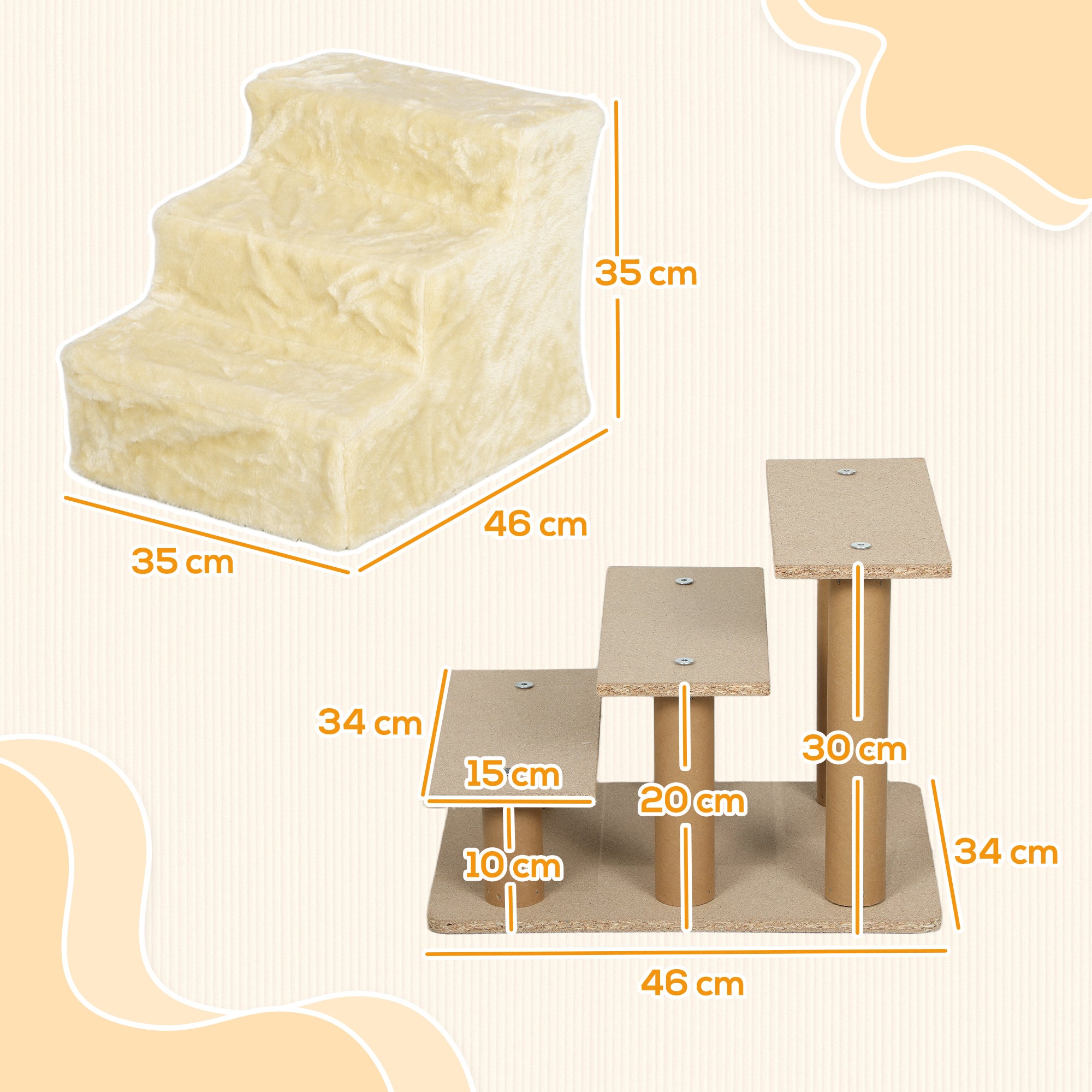 Dog Steps, Three-Step Dog Stairs with Washable Plush Cover, for High Bed Sofa, Dog Stairs for Small Dog and Cat - Beige