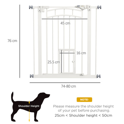 PawHut Pressure Fit Stair Gate, Dog Gate w/ Small Cat Door, Auto Closing System, Double Locking Openings, 74-80cm - White PawHut