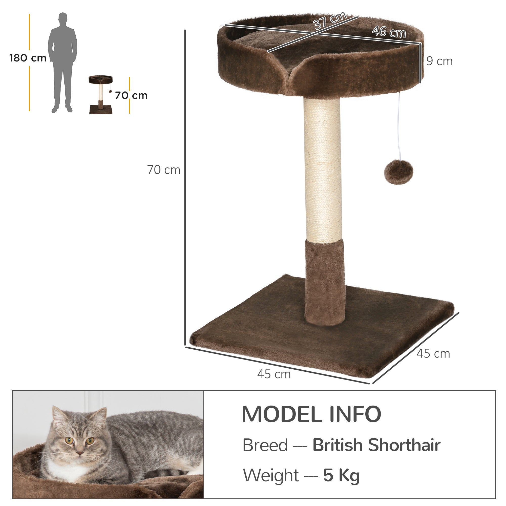 Compact Cat Tree, Sisal Scratching Post, Soft Bed, Play Toy, for Kittens, Brown,