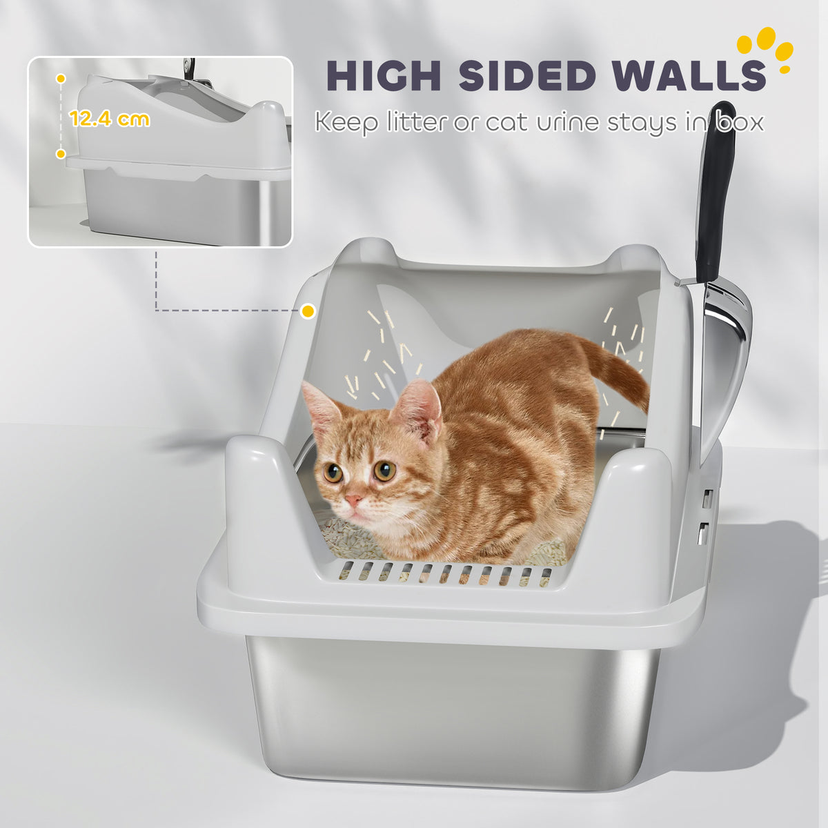PawHut Stainless Steel Cat Litter Box with High Sides, Metal Scoop, 43 x 33 x 25 cm PawHut