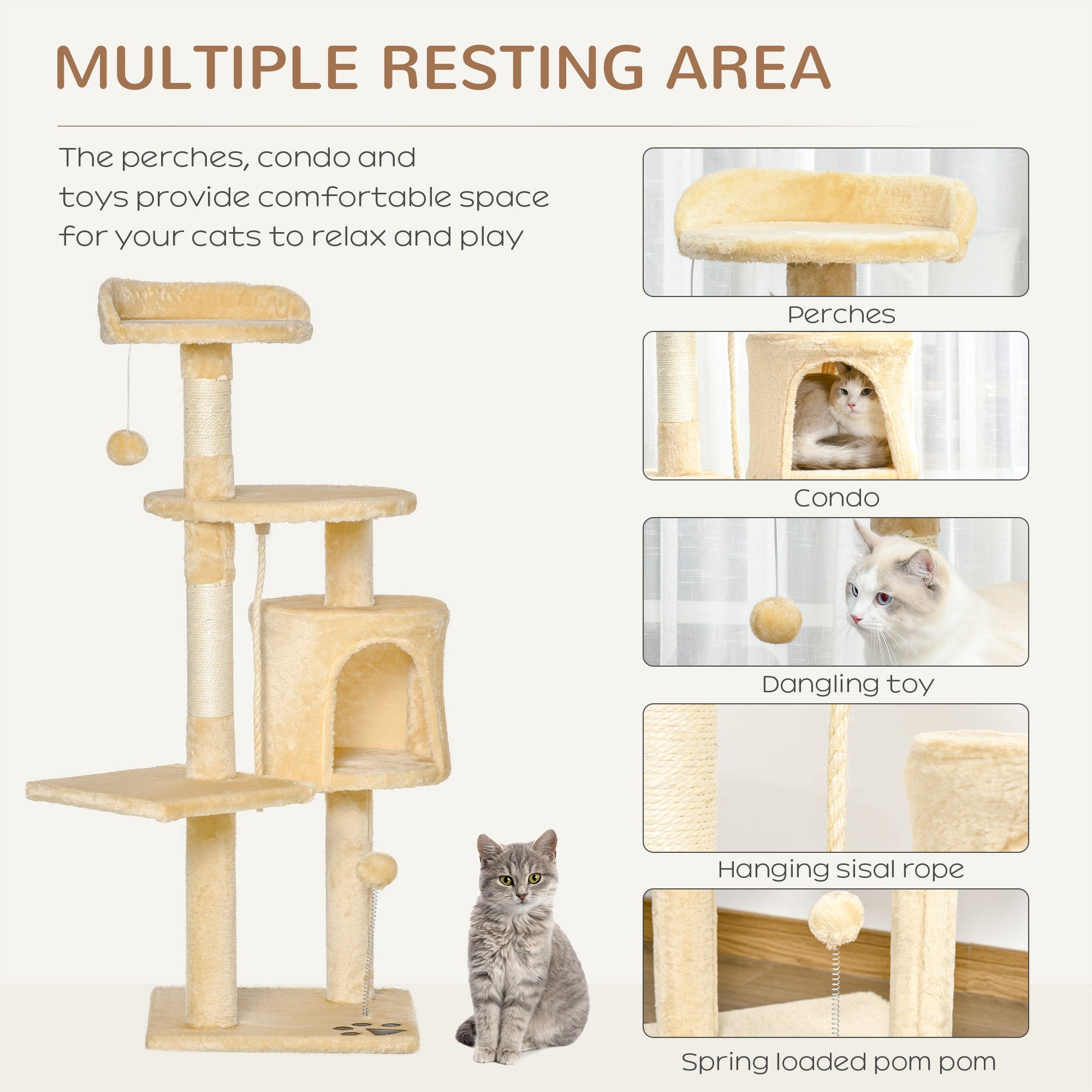 Cat Tree House, Multi-Level Activity Centre with Scratching Posts Beige