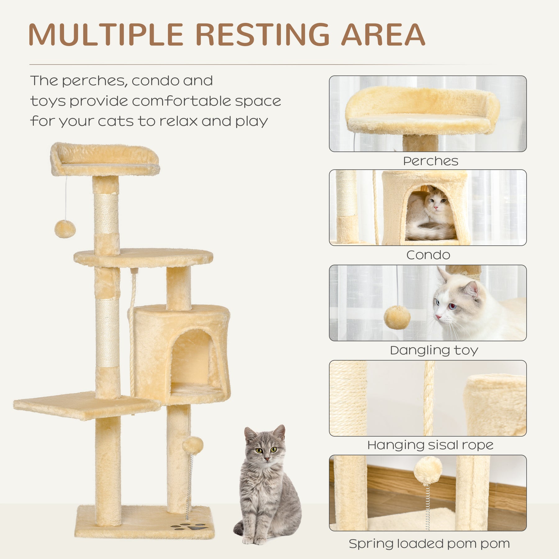 Cat Tree House, Multi-Level Activity Centre with Scratching Posts Beige