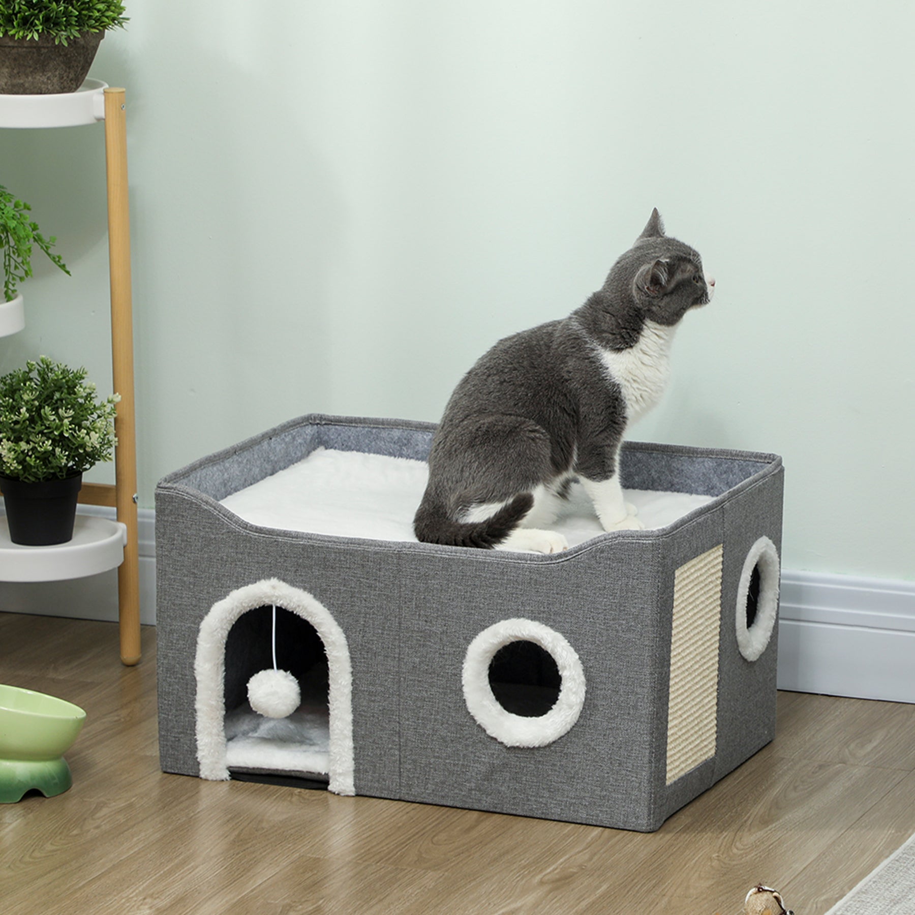 Cat Bed for Indoor Pets, Foldable Cat House with Fluffy Ball and Scratch Pad for Small and Medium Pets, Grey