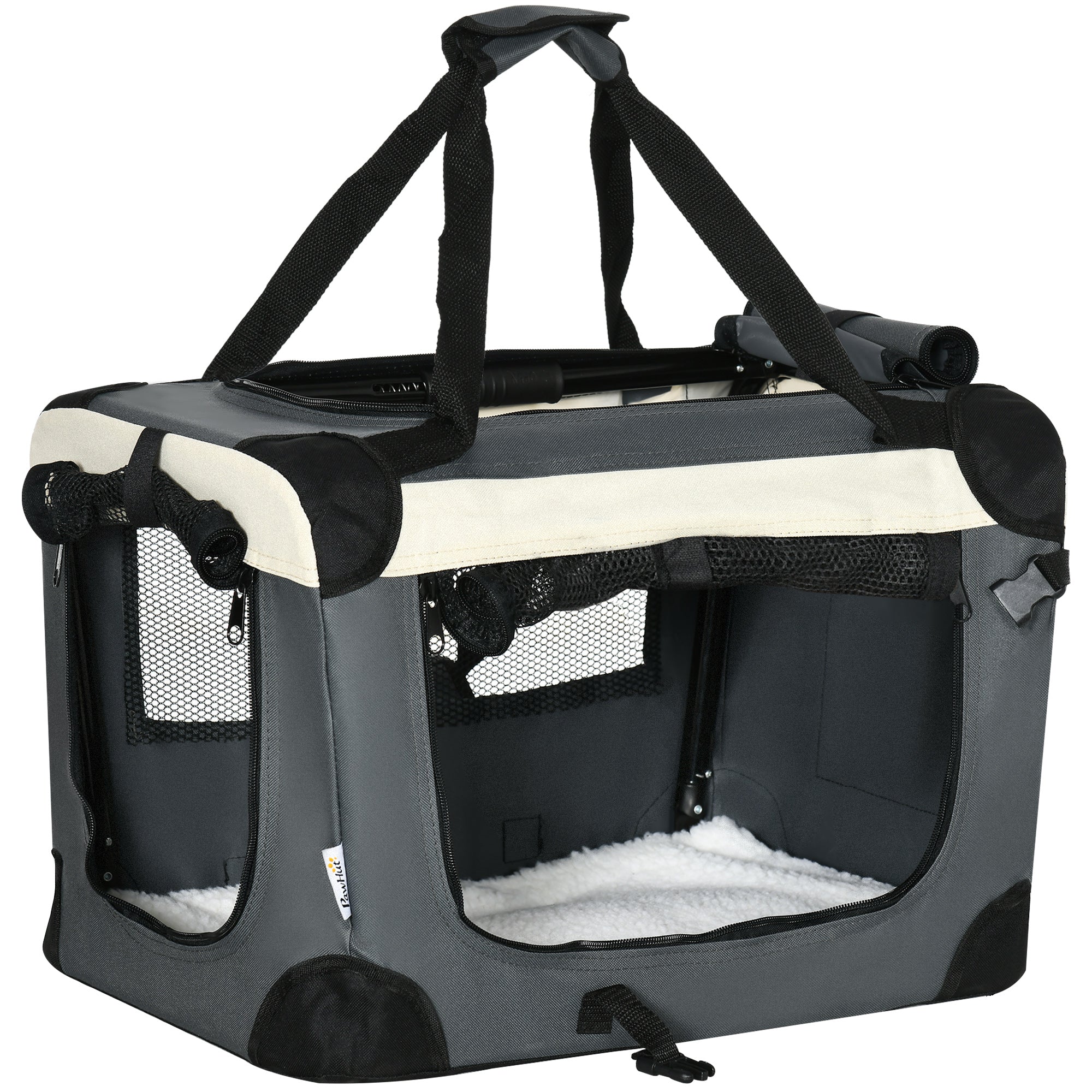 Foldable Pet Carrier, Portable Dog Cage & Cat Travel Bag with Cushion, Ideal for Miniature Breeds, 51cm, Grey