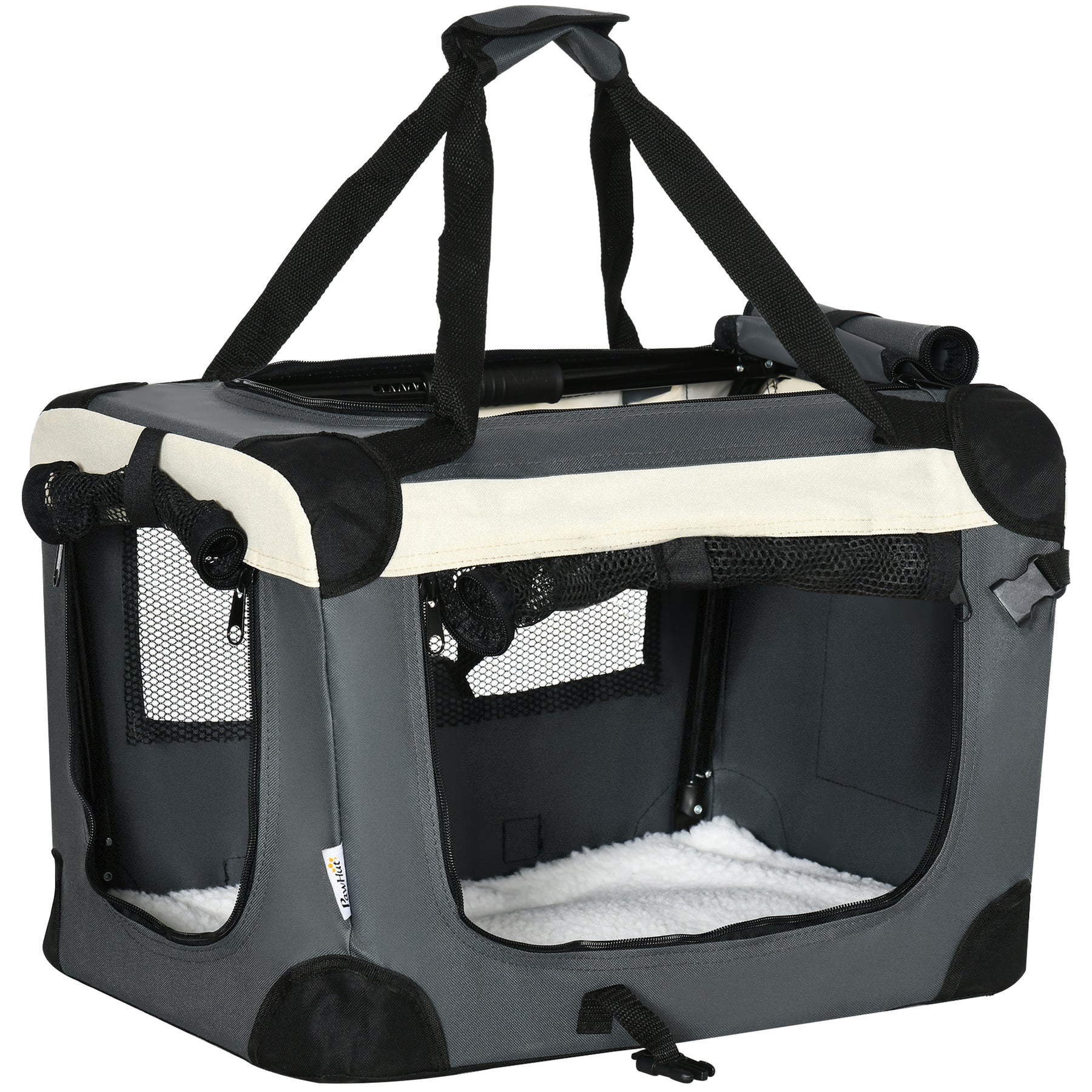 Foldable Pet Carrier, Portable Dog Cage & Cat Travel Bag with Cushion, Ideal for Miniature Breeds, 51cm, Grey