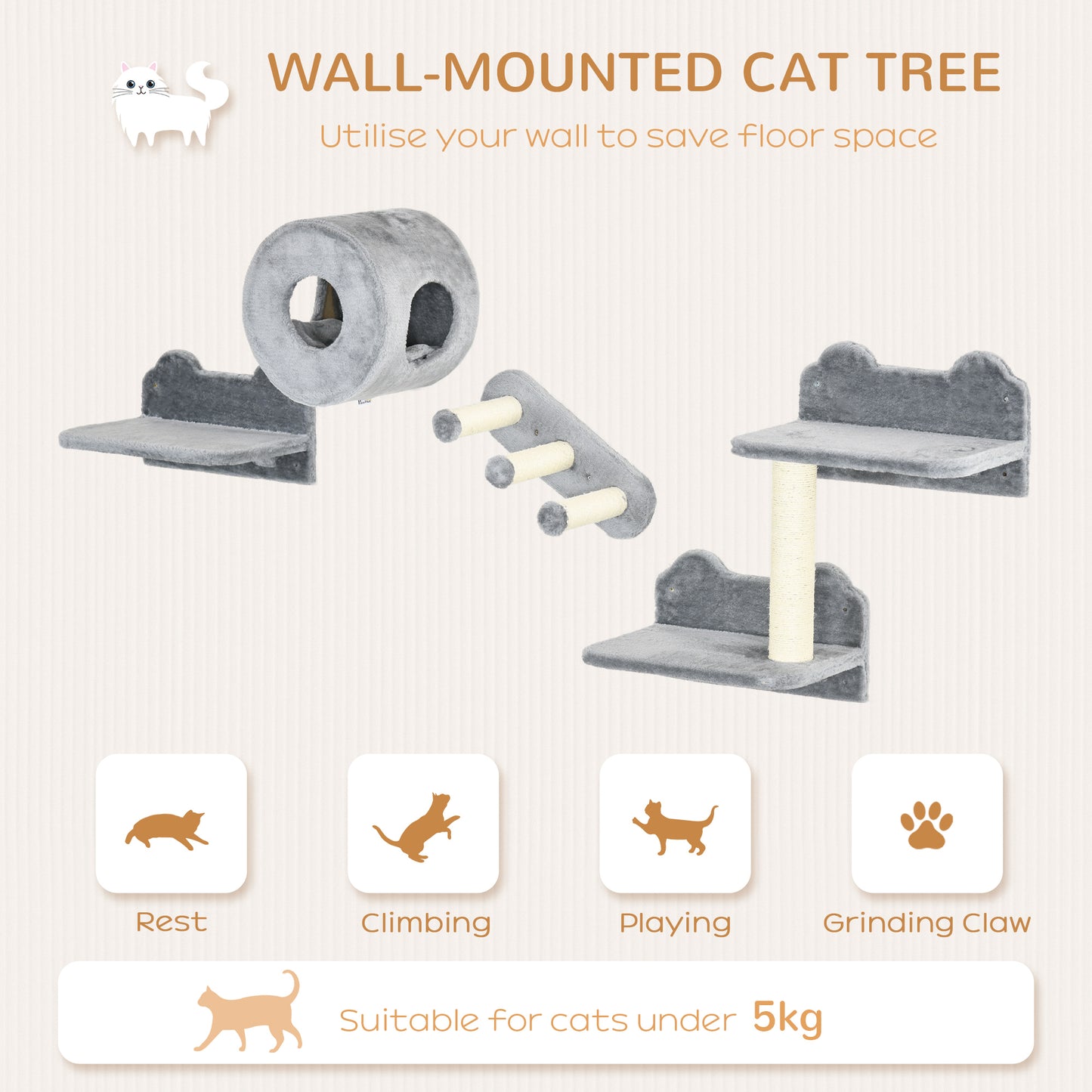 4Pcs Wall Mounted Cat Tree With Steps Perch House Grey Aosom UK