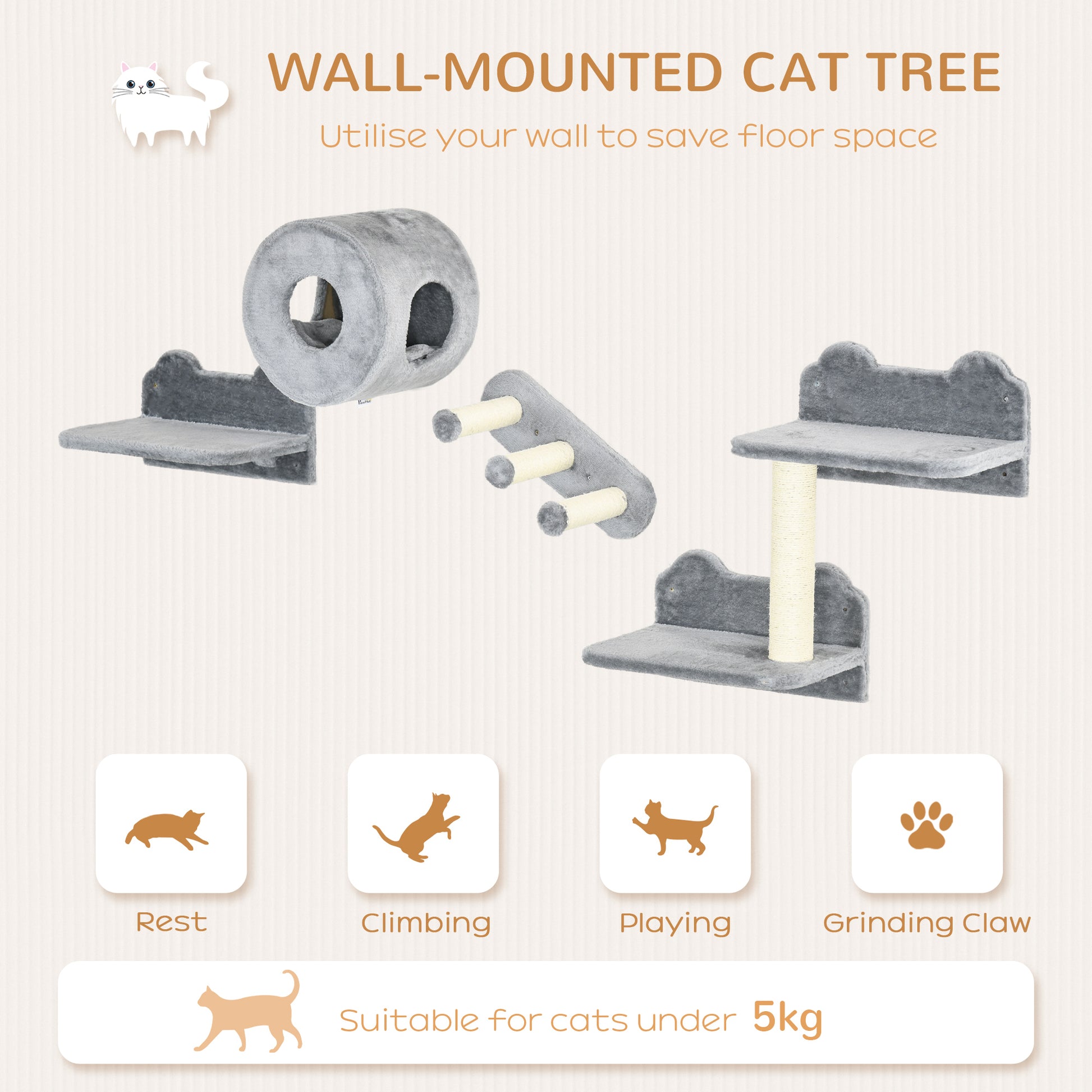 4Pcs Wall Mounted Cat Tree With Steps Perch House Grey Aosom UK