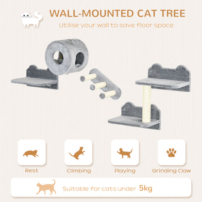4Pcs Wall Mounted Cat Tree With Steps Perch House Grey Aosom UK