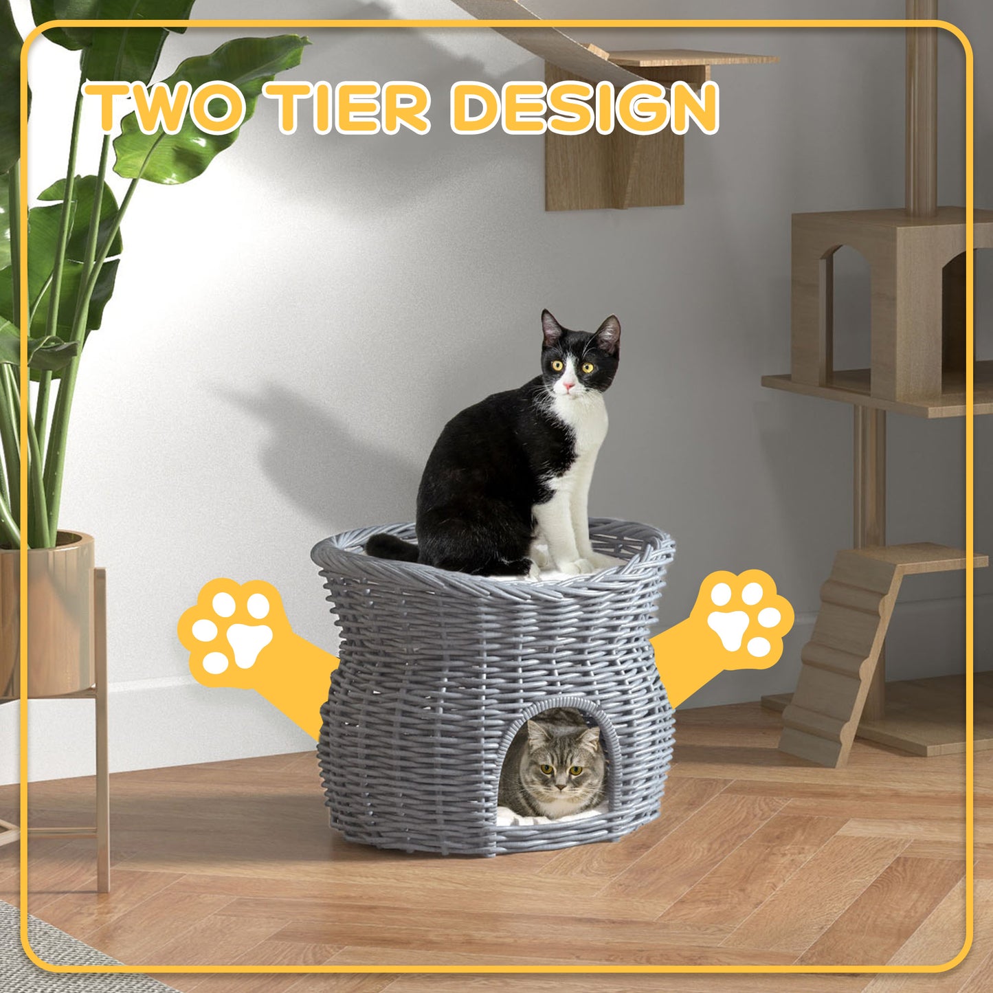 Wicker Cat House 2 Tier Elevated Pet Bed Basket Willow Aosom UK