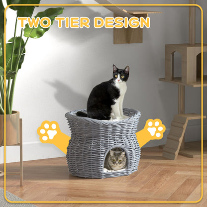 Wicker Cat House 2 Tier Elevated Pet Bed Basket Willow Aosom UK