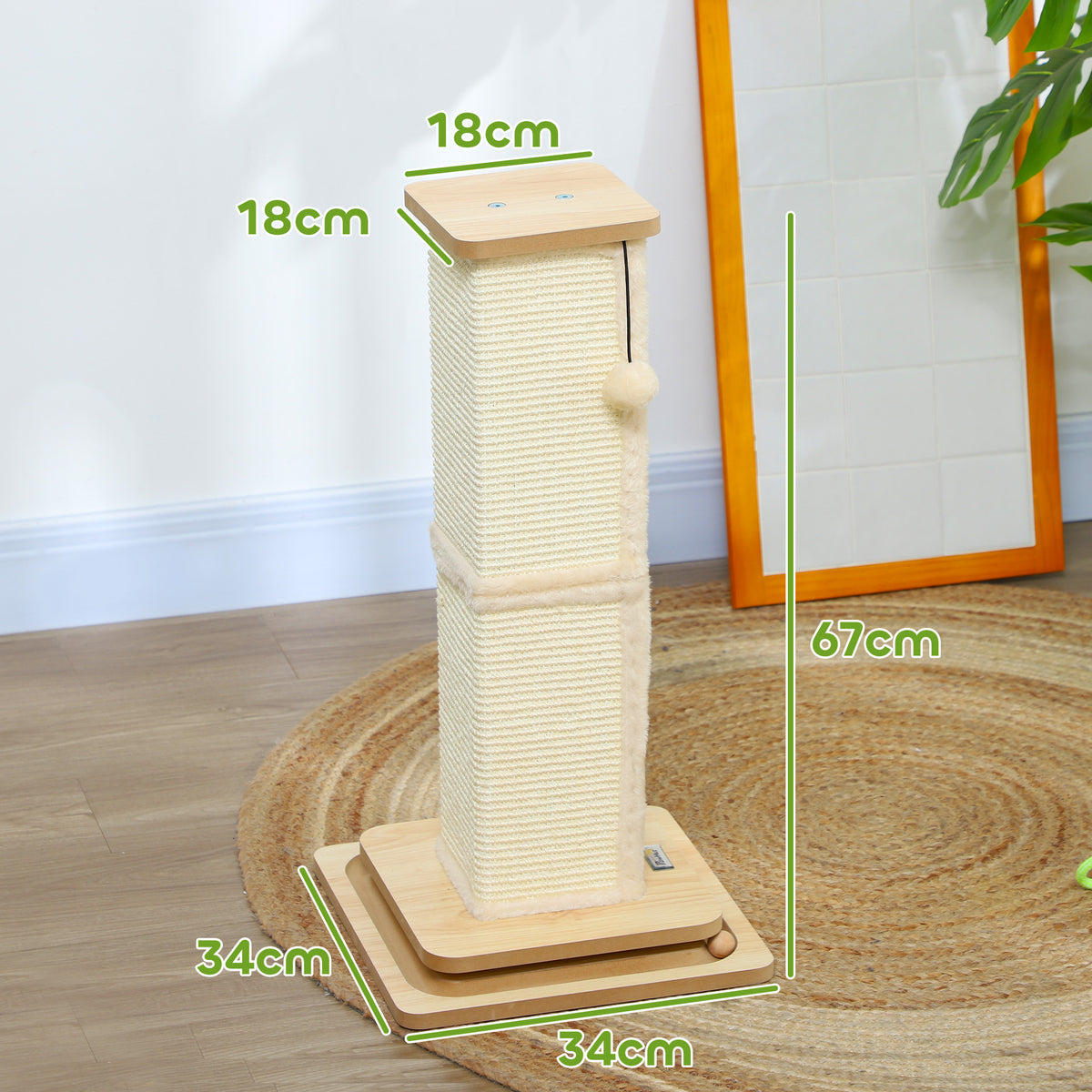 PawHut 3-in-1 Cat Scratching Post, 67cm Cat Scratcher w/ Track Ball Toy, Oak Tone PawHut