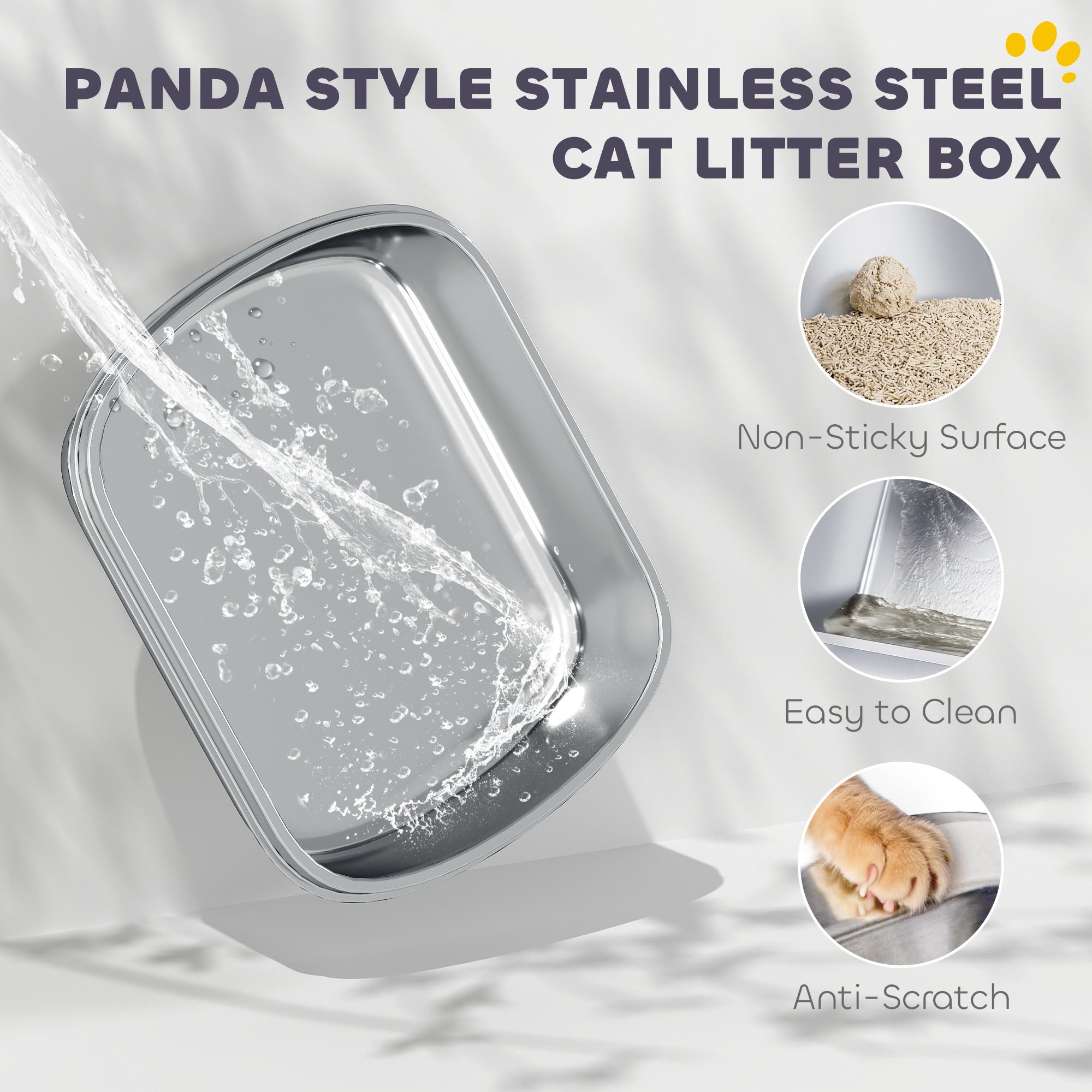 Panda Style XL Stainless Steel Cat Litter Box with Lid, Enclosed Kitty Litter Box with Scoop