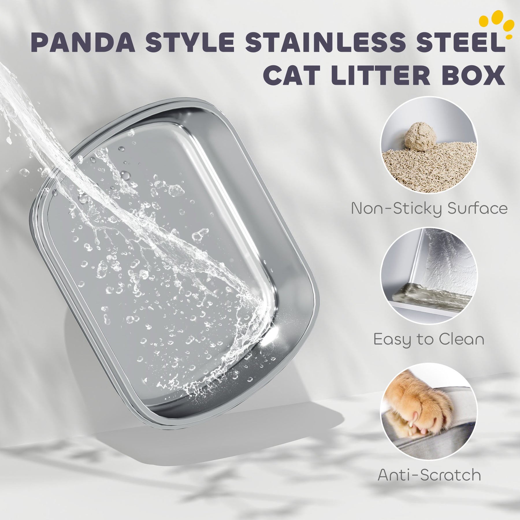 Panda Style XL Stainless Steel Cat Litter Box with Lid, Enclosed Kitty Litter Box with Scoop