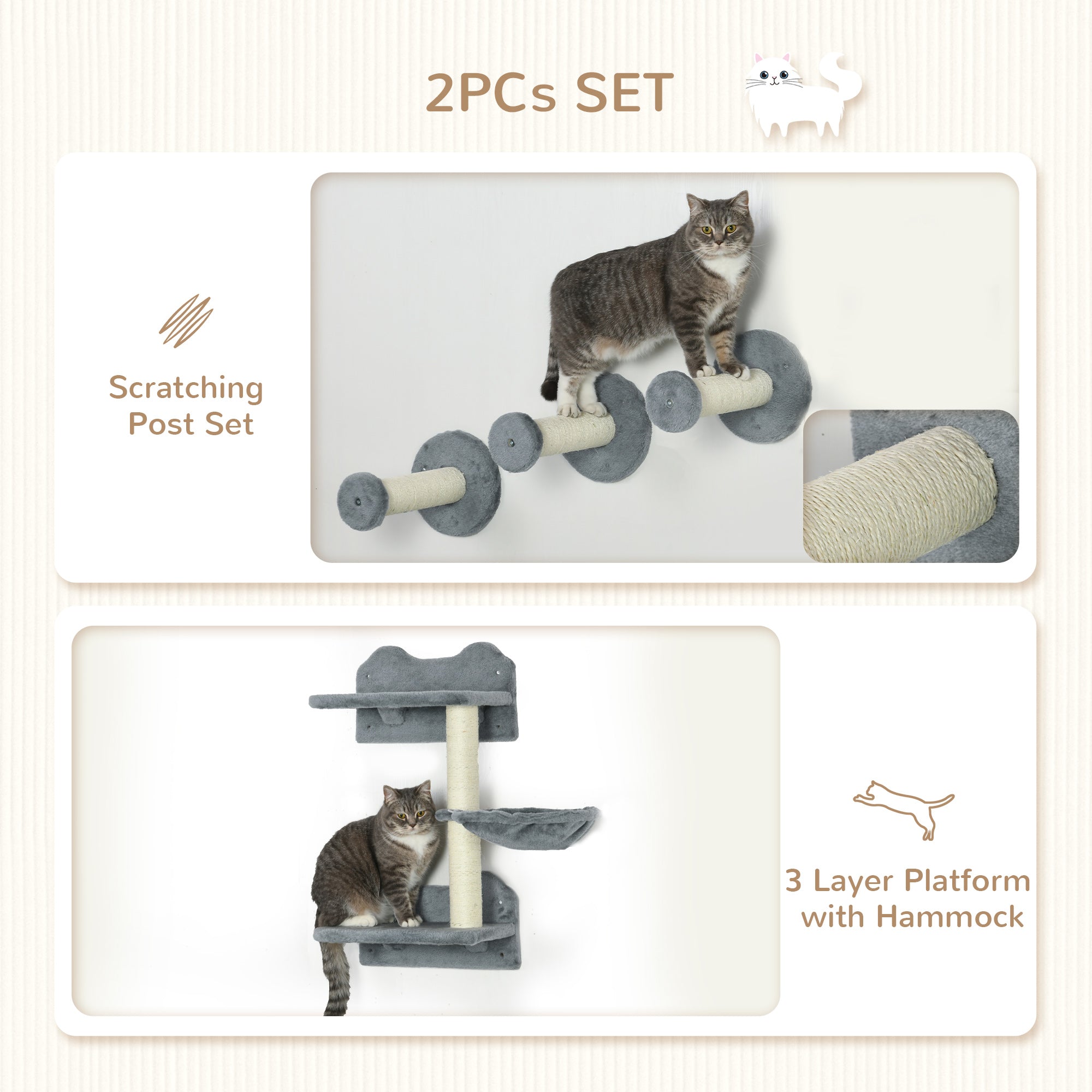 Wall-Mounted Cat Shelf Set, 4-Piece with Scratching Post, Space-Saving Design for Indoor Cats, Grey