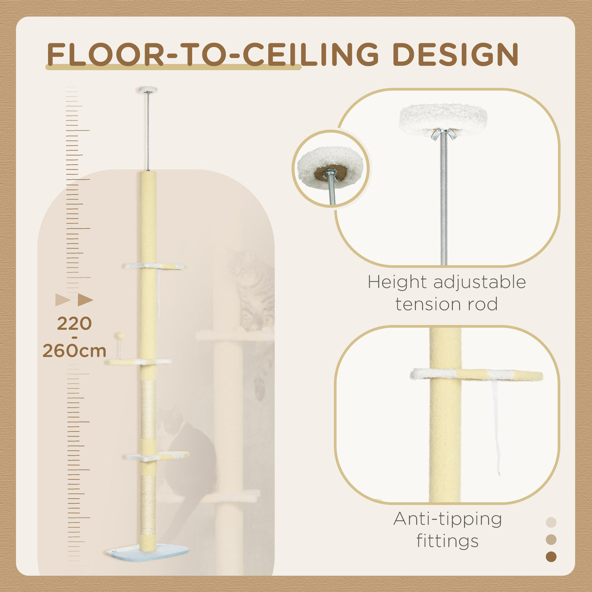 PawHut Floor to Ceiling Cat Tree with House, Hammock & Perches – Adjustable 225–255cm Cat Tower Floor to Ceiling Cat Tree PawHut