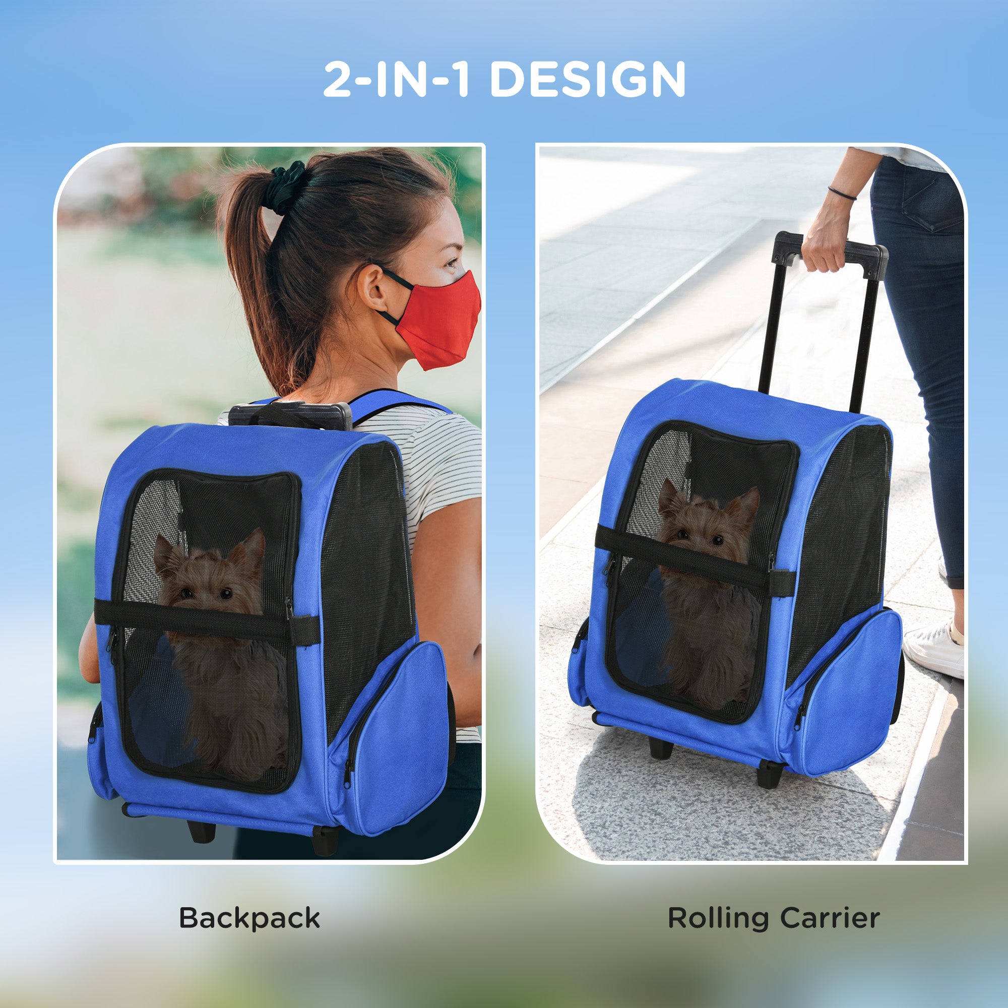 Portable Pet Carrier Backpack with Trolley, Telescopic Handle, Stroller Wheels for Cats & Dogs, Blue