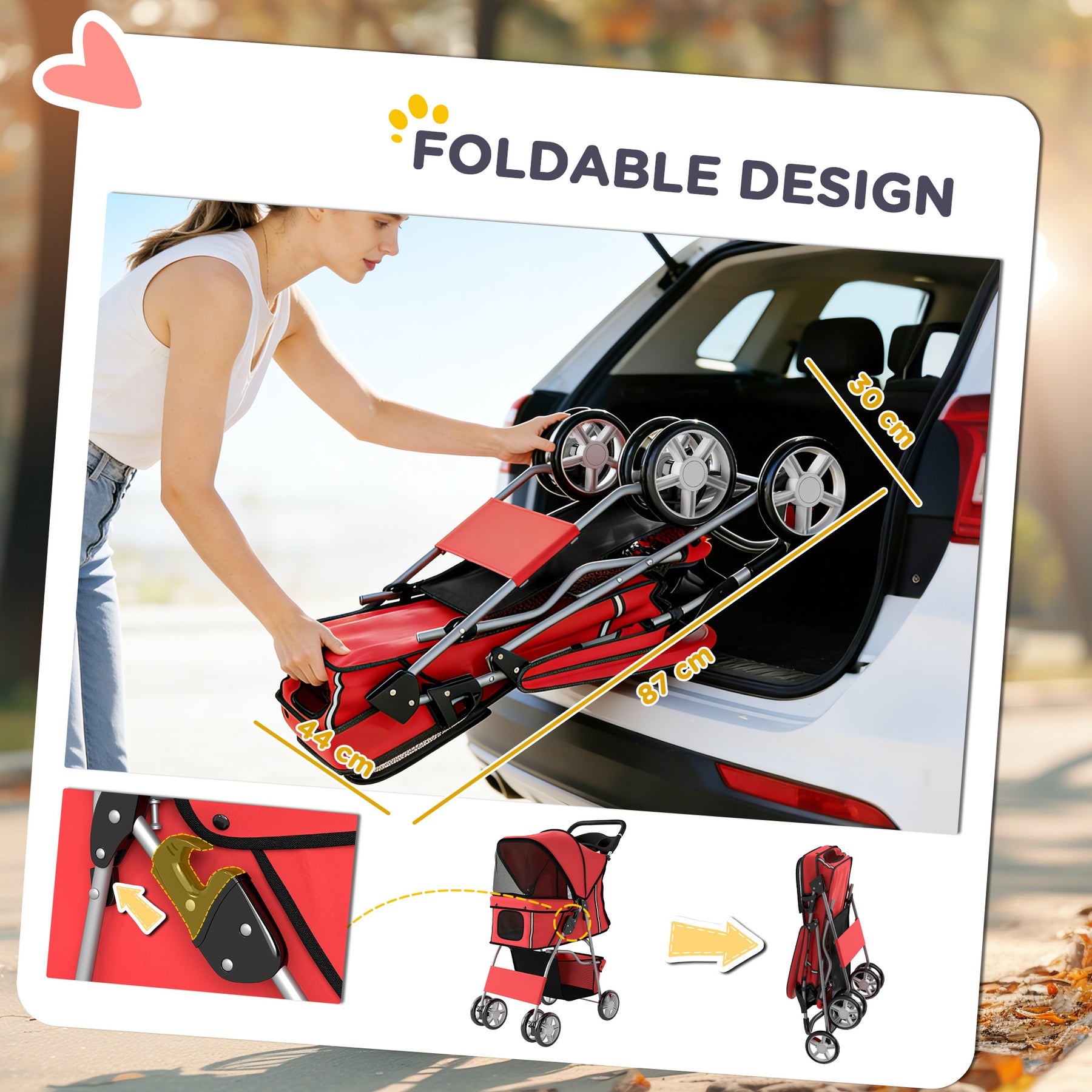 Dog Pram, Pet Stroller with Reflective Strips, Foldable Cat Stroller with 360° Swivel Wheels, Red