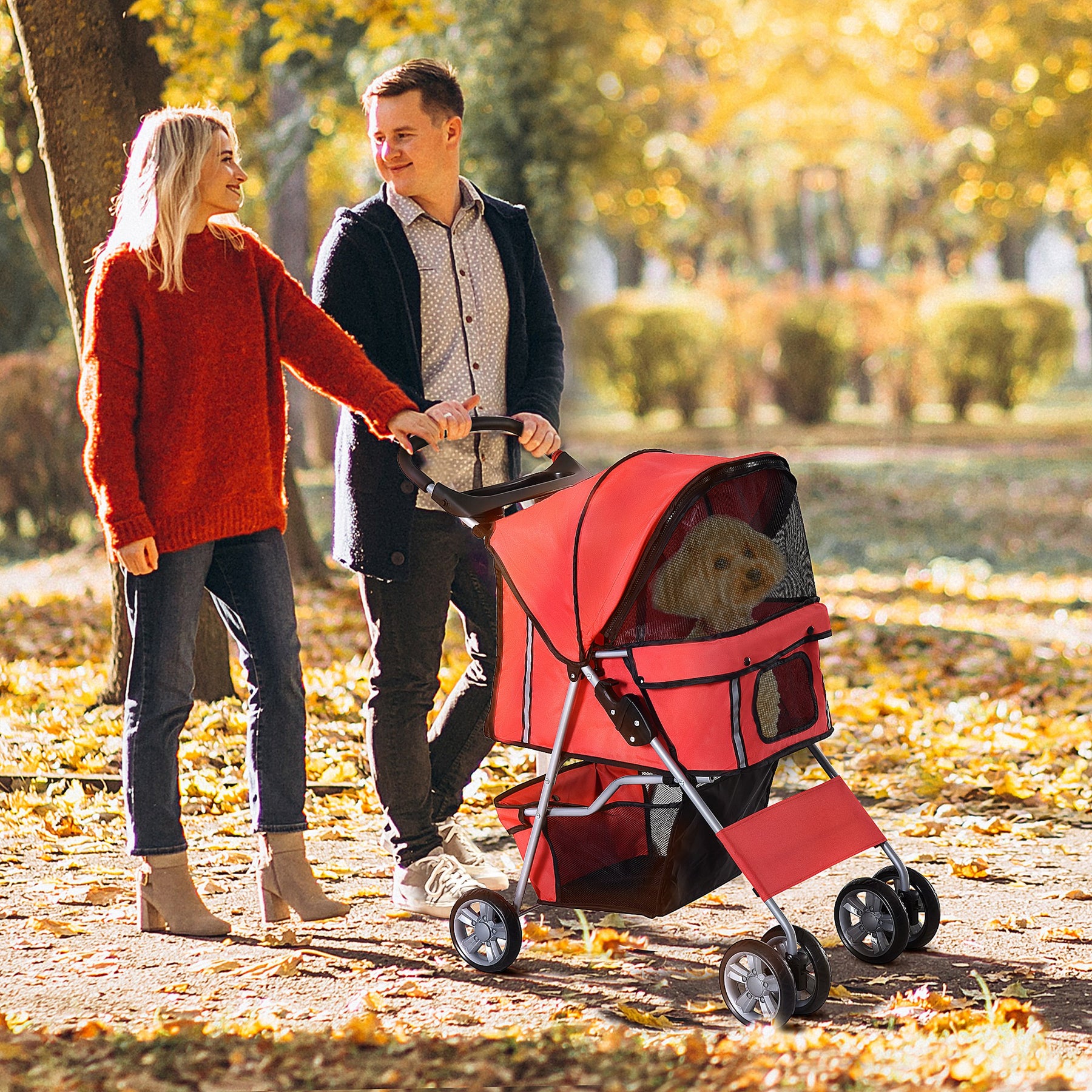 Pet Stroller, Dog Pram, Foldable Pushchair, Cat Travel Carriage with Wheels, Zipper Entry, for Small Pets, Red