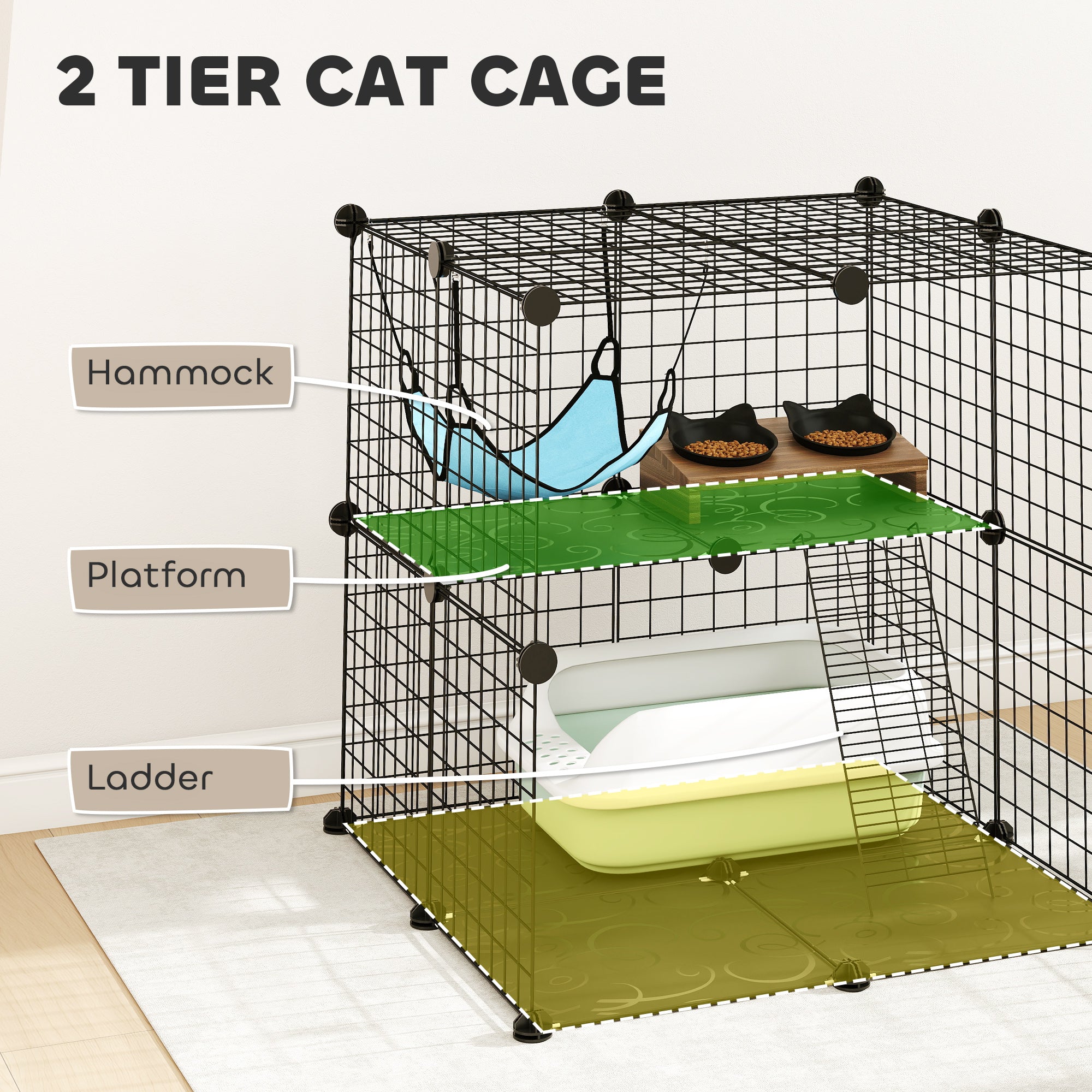 Indoor Cat Cage DIY Customizable 2-Tier Indoor Cat Enclosure with 2 Doors and Hammock  Black