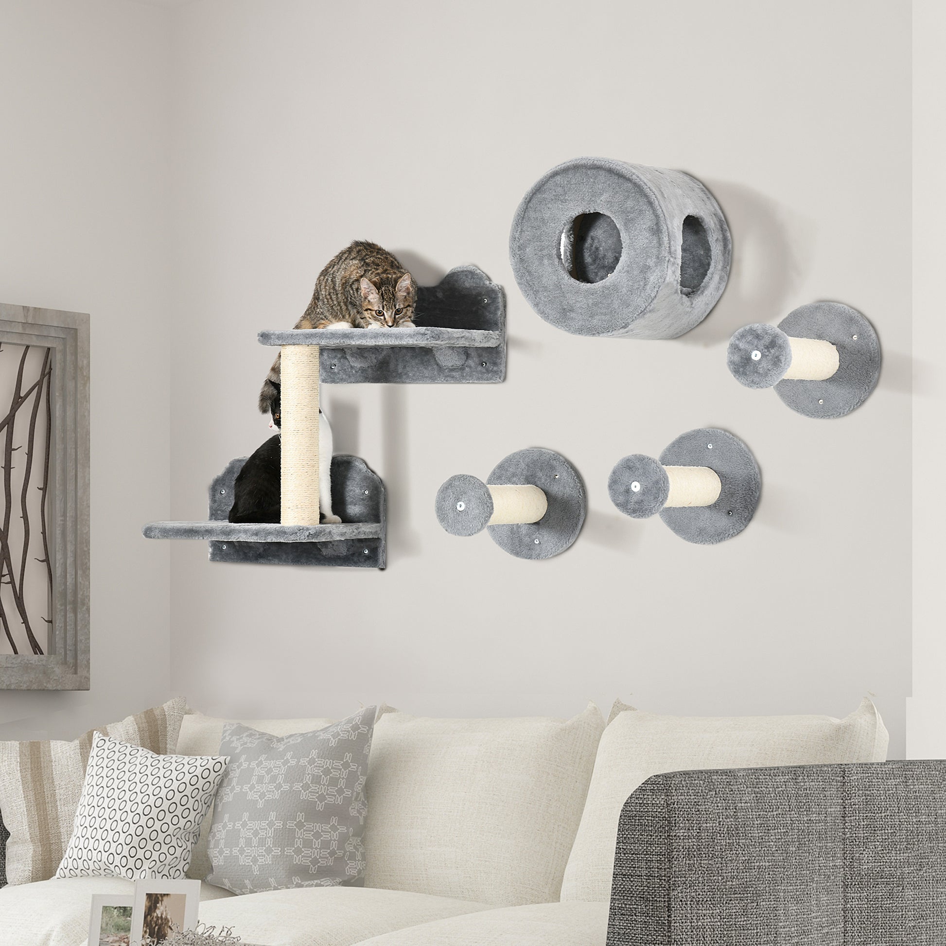 5Pcs Cat Wall Furniture With Perch Condo Scratching Post Aosom UK
