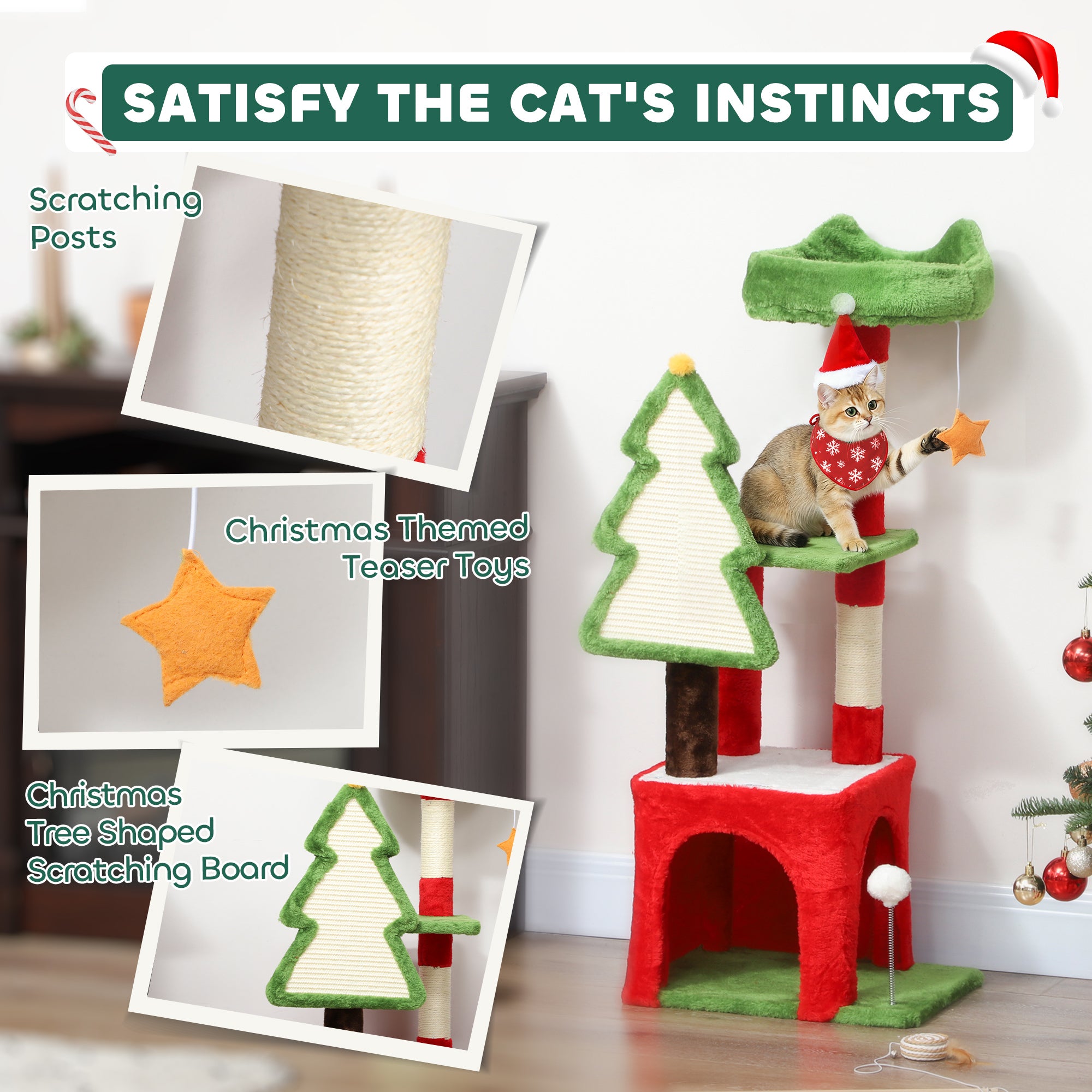 Christmas Cat Tree, Cat Tower with Scratching Post & Board, Platform, Toys, Green