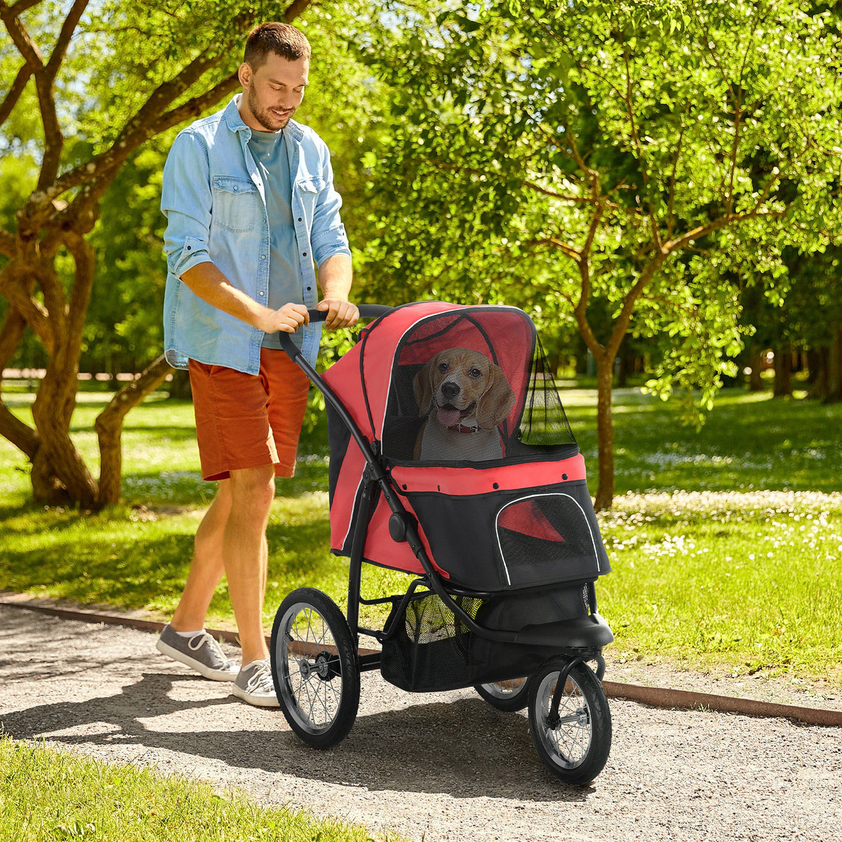 PawHut Foldable Pet Stroller with Three Wheels, for Small, Medium Dogs, Red PawHut