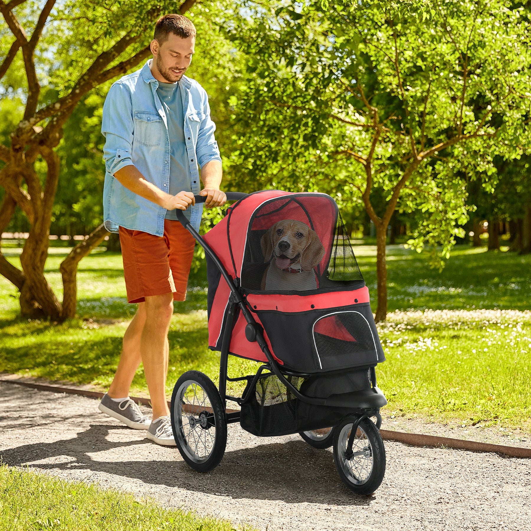 Pet Stroller Jogger for Medium, Small Dogs, Foldable Cat Pram Dog Pushchair w/ Adjustable Canopy, 3 Big Wheels - Red