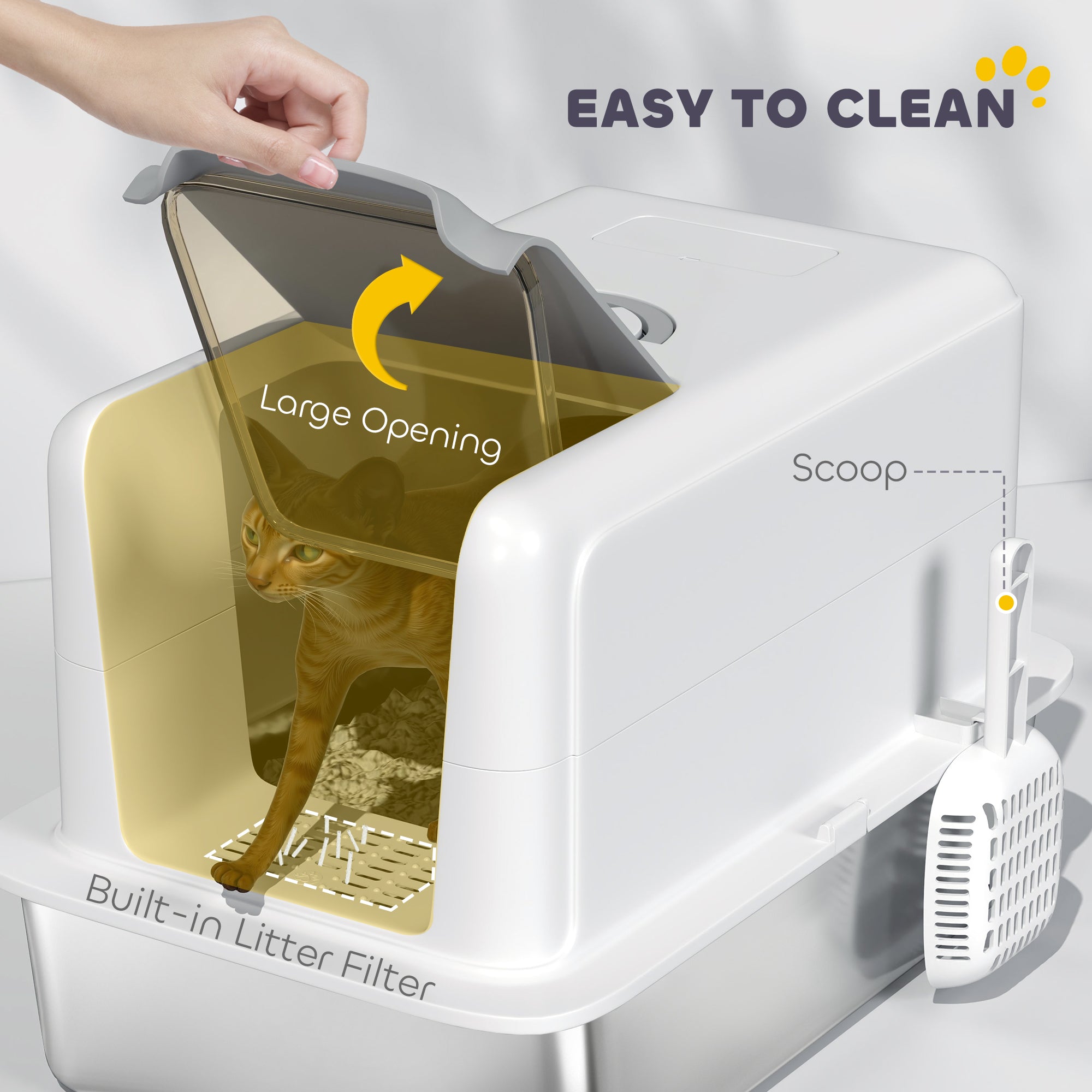 Stainless Steel Cat Litter Box with Removable Lid, Scoop, Filter Bags, for Larger Cats, White