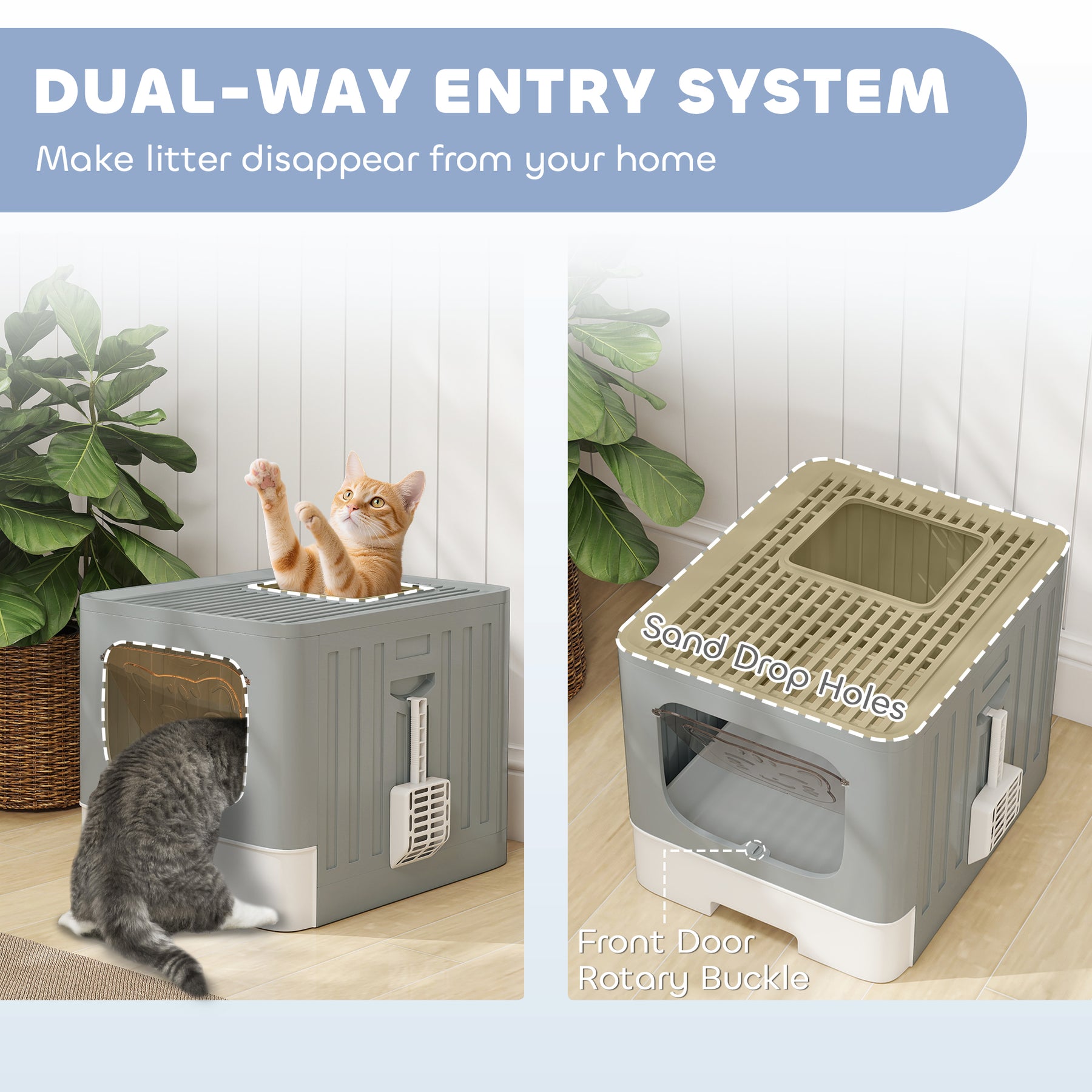 Foldable Cat Litter Box with Lid, Slide-Out Drawer, Scoop, Easy Clean, Odour Control, Anti-Splashing, Grey