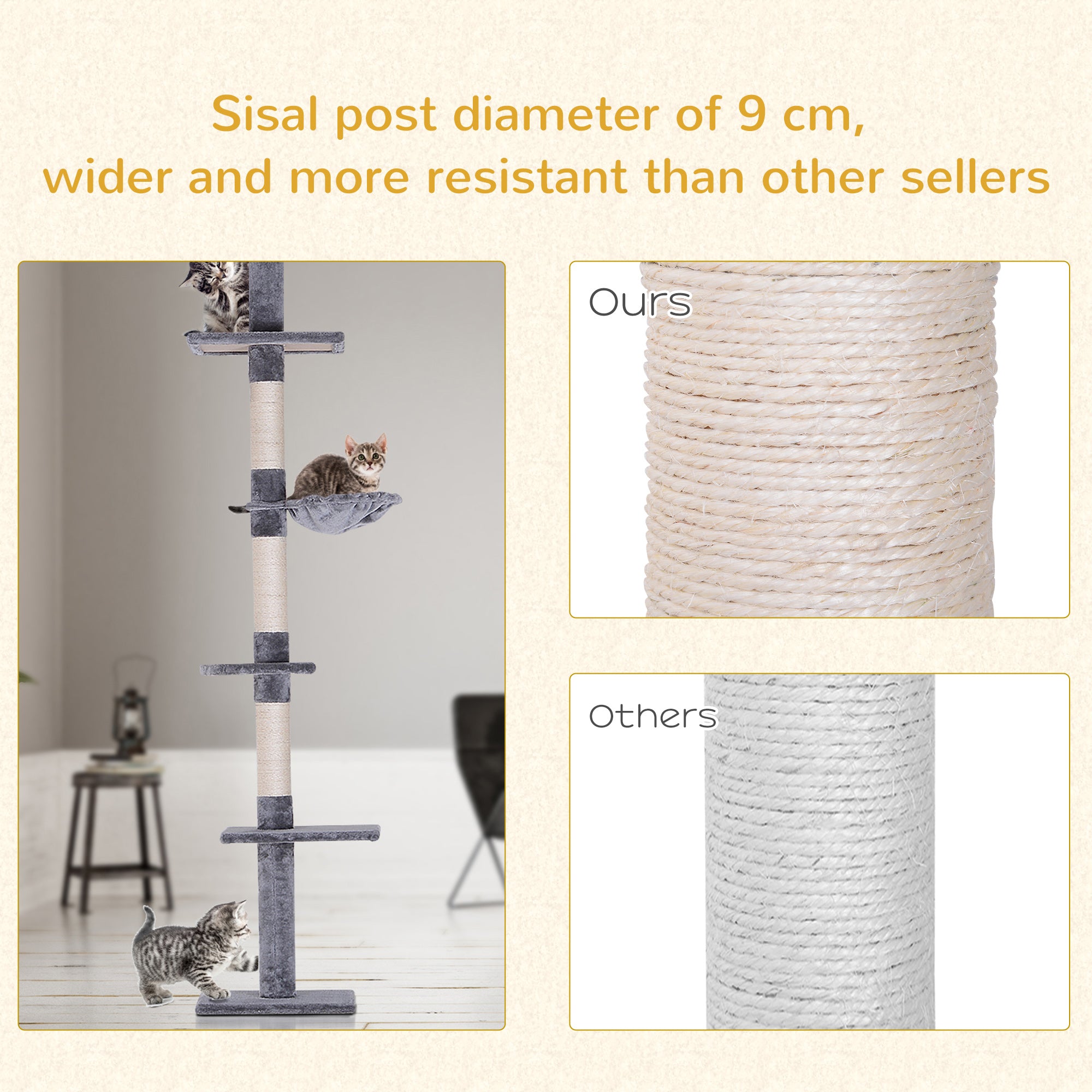 Cats Floor to Ceiling Scratching Post w/ 5-Tier Plush Leisure Platforms Grey