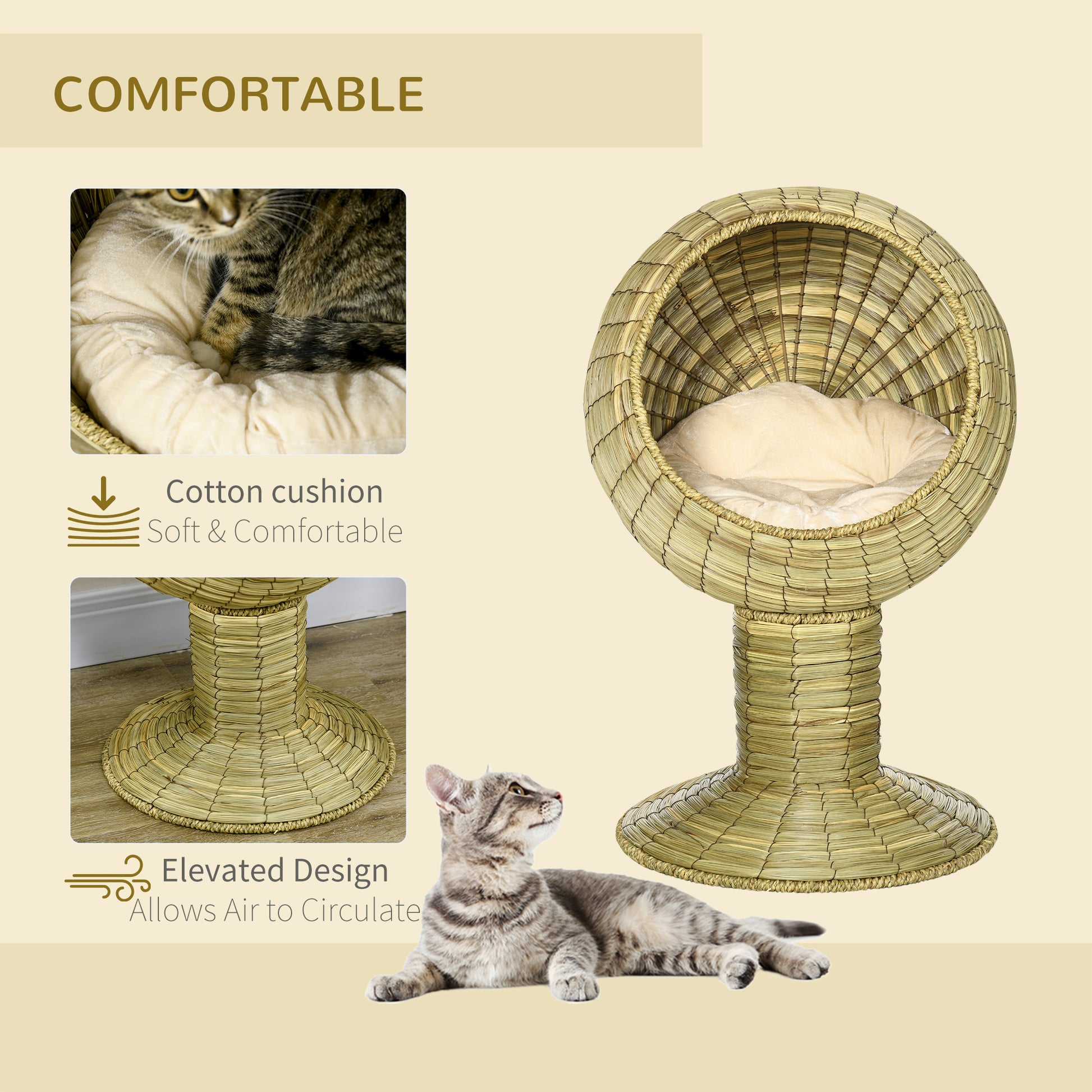 Cat House Elevated Natural Mat Grass Bed Round Kitten Cave Aosom UK