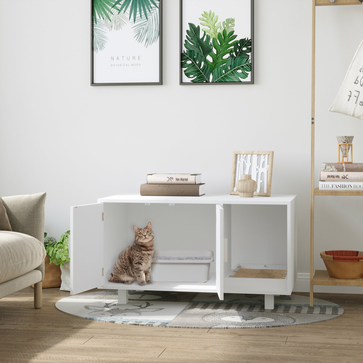Wooden Cat Litter Box Enclosure House With Nightstand End Aosom UK