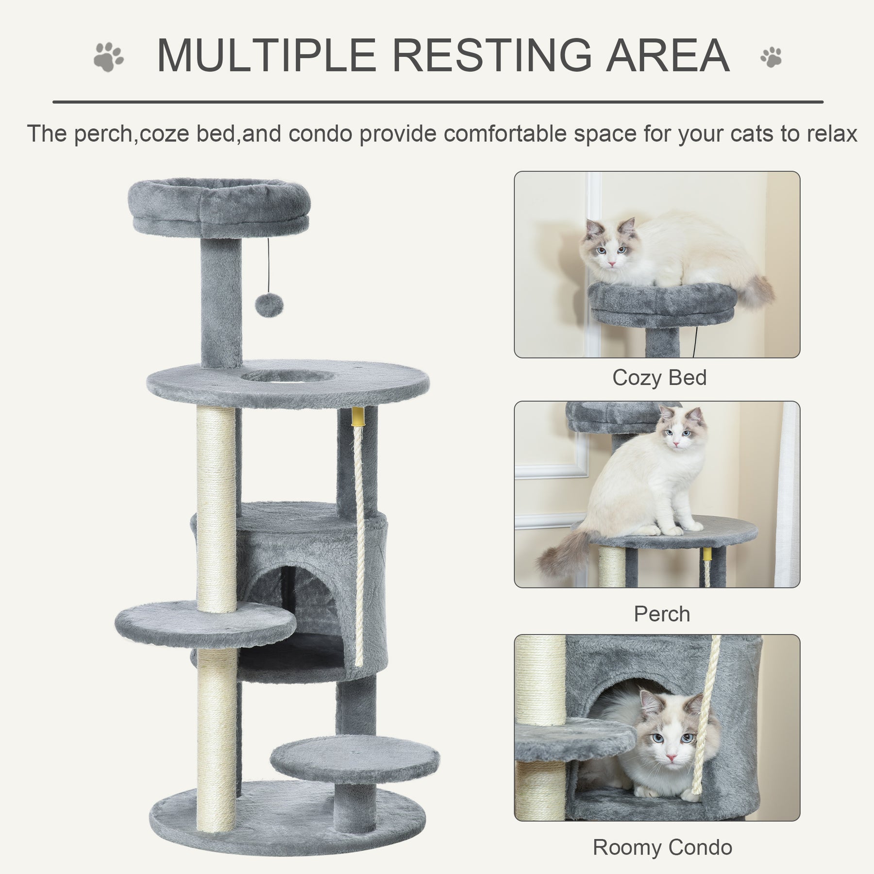 Cat Tree Tower with Jute Scratching Post, Perch, Hanging Ball, Teasing Rope for Climbing Kittens, Dark Grey