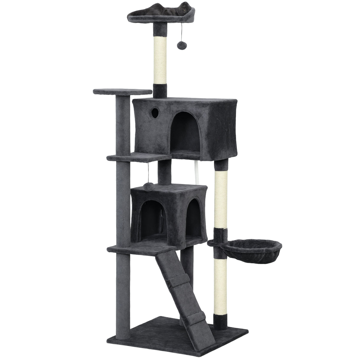 PawHut 180cm Large Cat Tree Tower with Sisal Scratching Posts, Condos, Plush Perches, Hammock, Ladder, Dark Grey PawHut Default Title