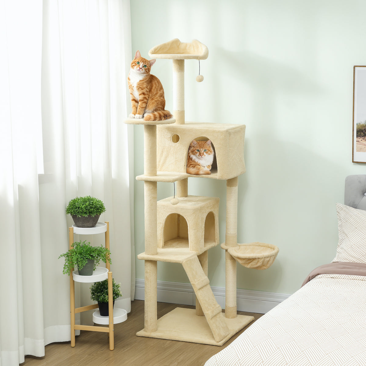 PawHut 180cm Large Cat Tree Tower with Sisal Scratching Posts, Condos, Plush Perches, Hammock, Ladder, Beige PawHut