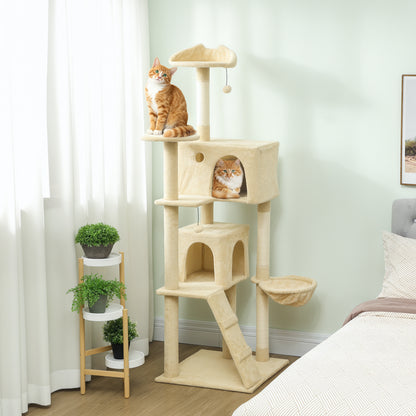 PawHut 180cm Large Cat Tree Tower with Sisal Scratching Posts, Condos, Plush Perches, Hammock, Ladder, Beige PawHut