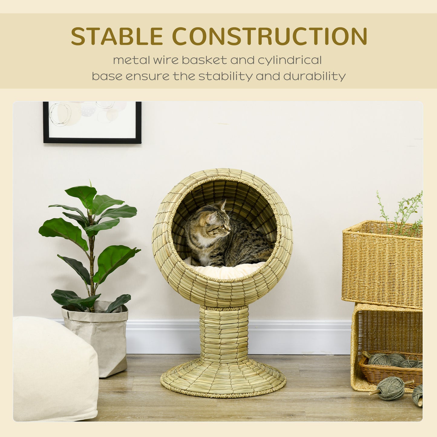 Cat House Elevated Natural Mat Grass Bed Round Kitten Cave Aosom UK