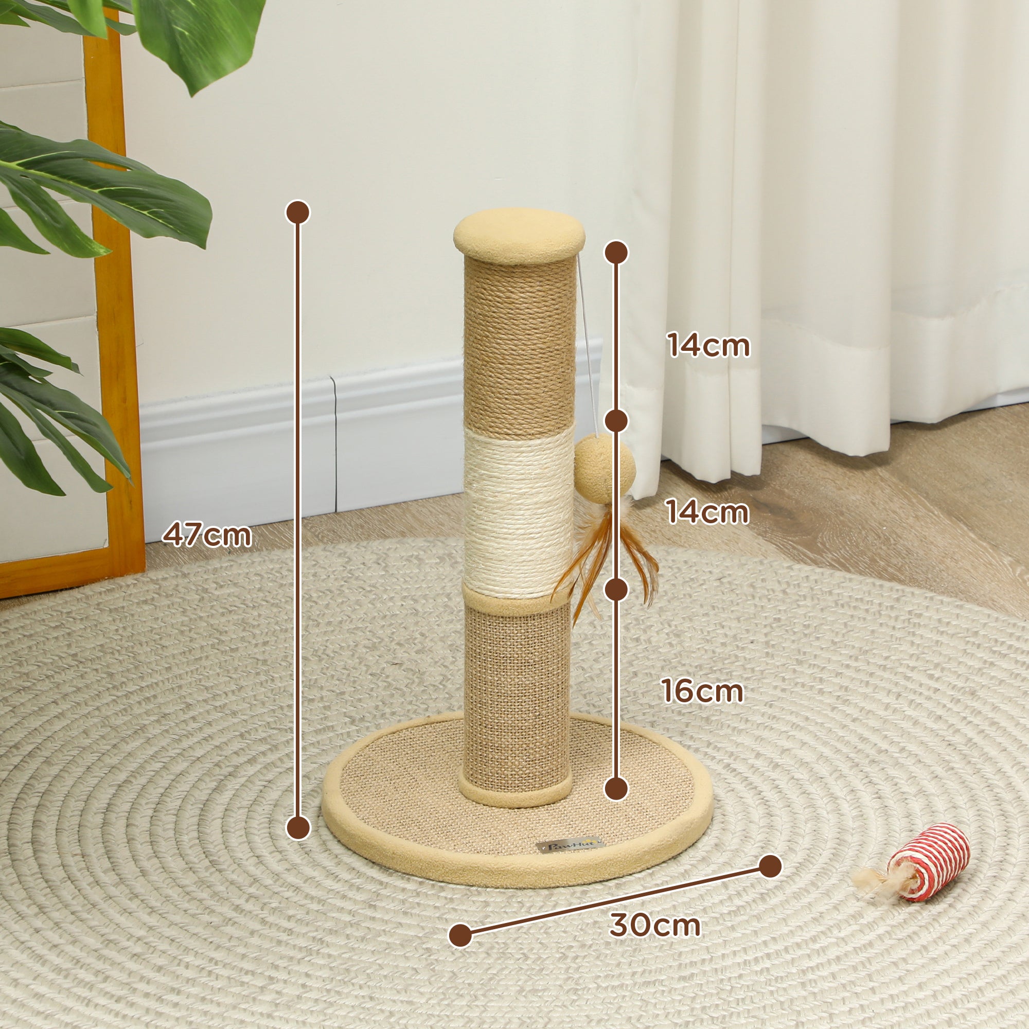 Cat Scratching Post for Indoor Cats, Cat Scratcher with Jute Sisal Rope, Hanging Toy Ball, Feather, Brown