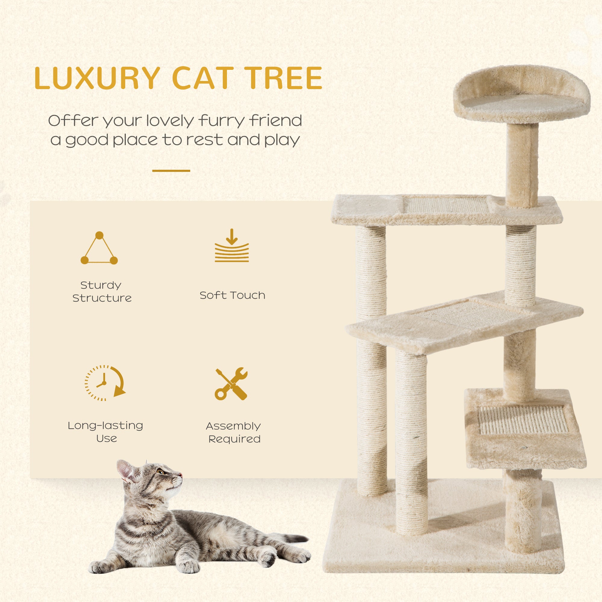 Beige Cat Tree, Kitten Scratching Post, Sisal Climbing Tower, Activity Centre, Sturdy
